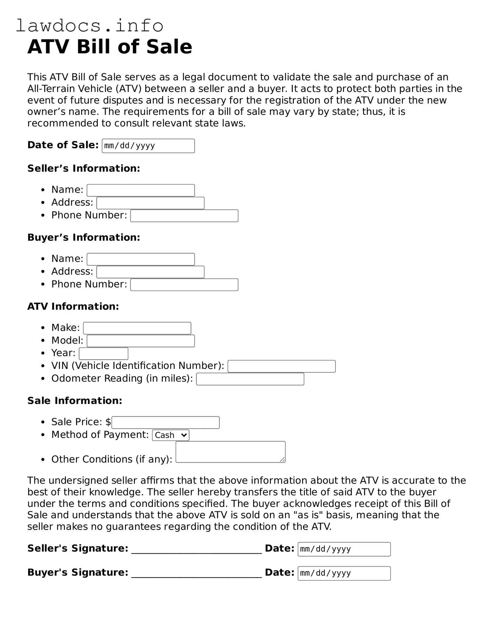 Valid ATV Bill of Sale Form