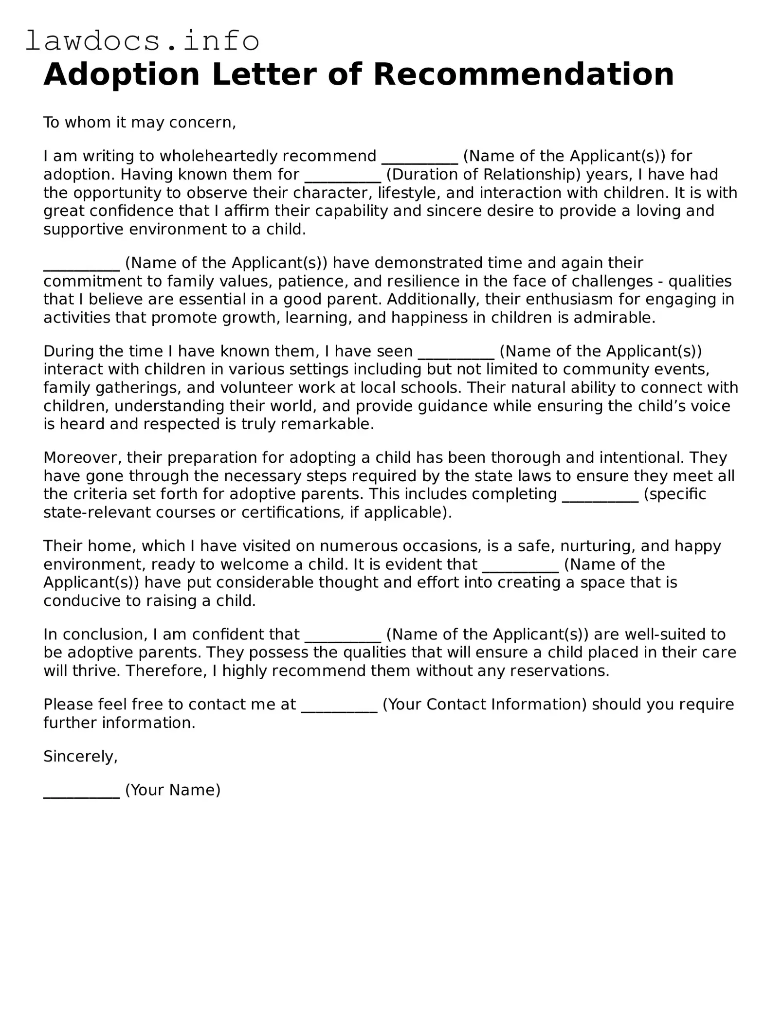 Valid Adoption Letter of Recommendation Form