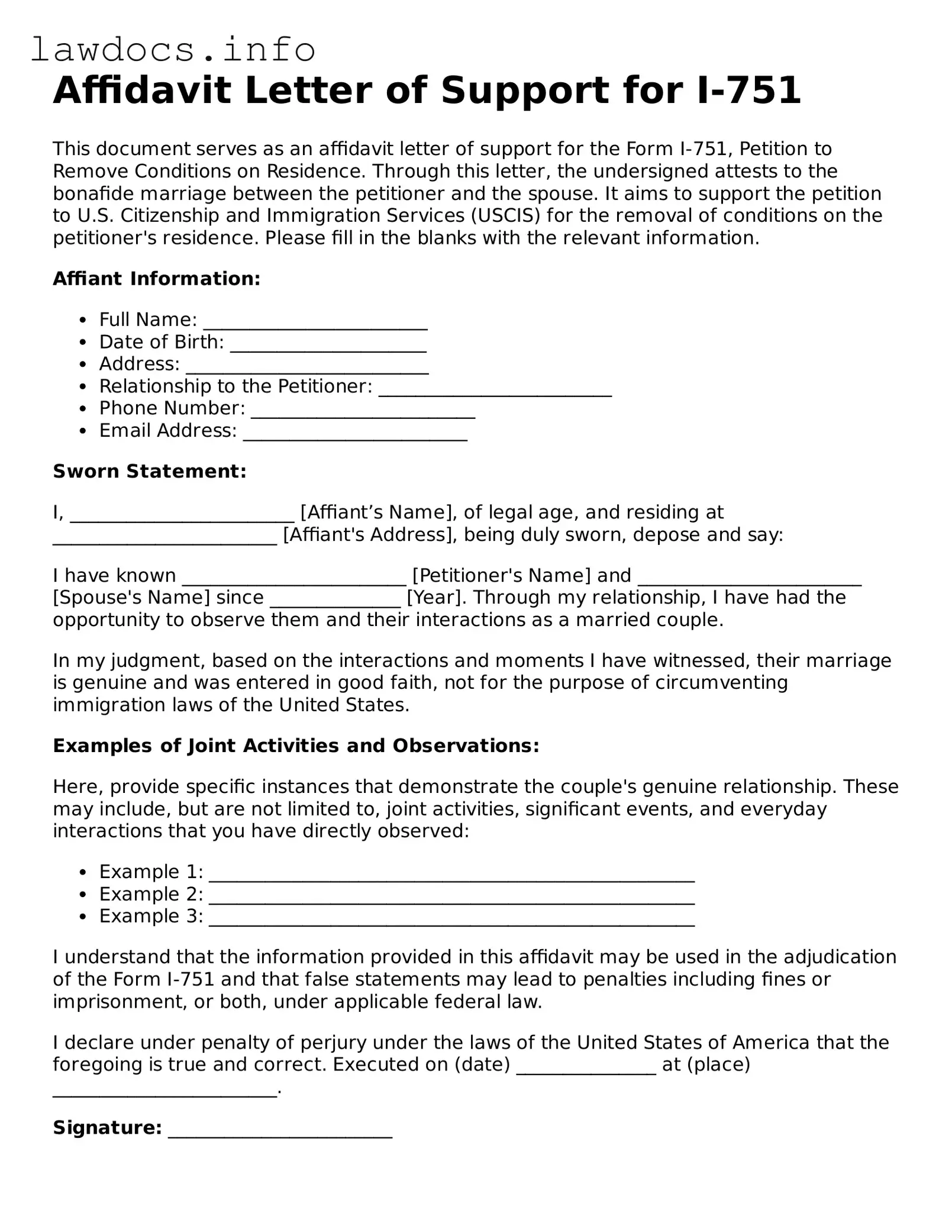 Valid Affidavit Letter of Support for I-751 Form