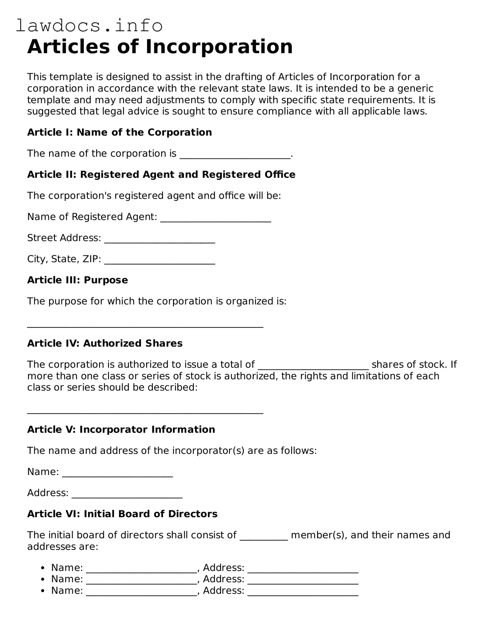 Valid Articles of Incorporation Form