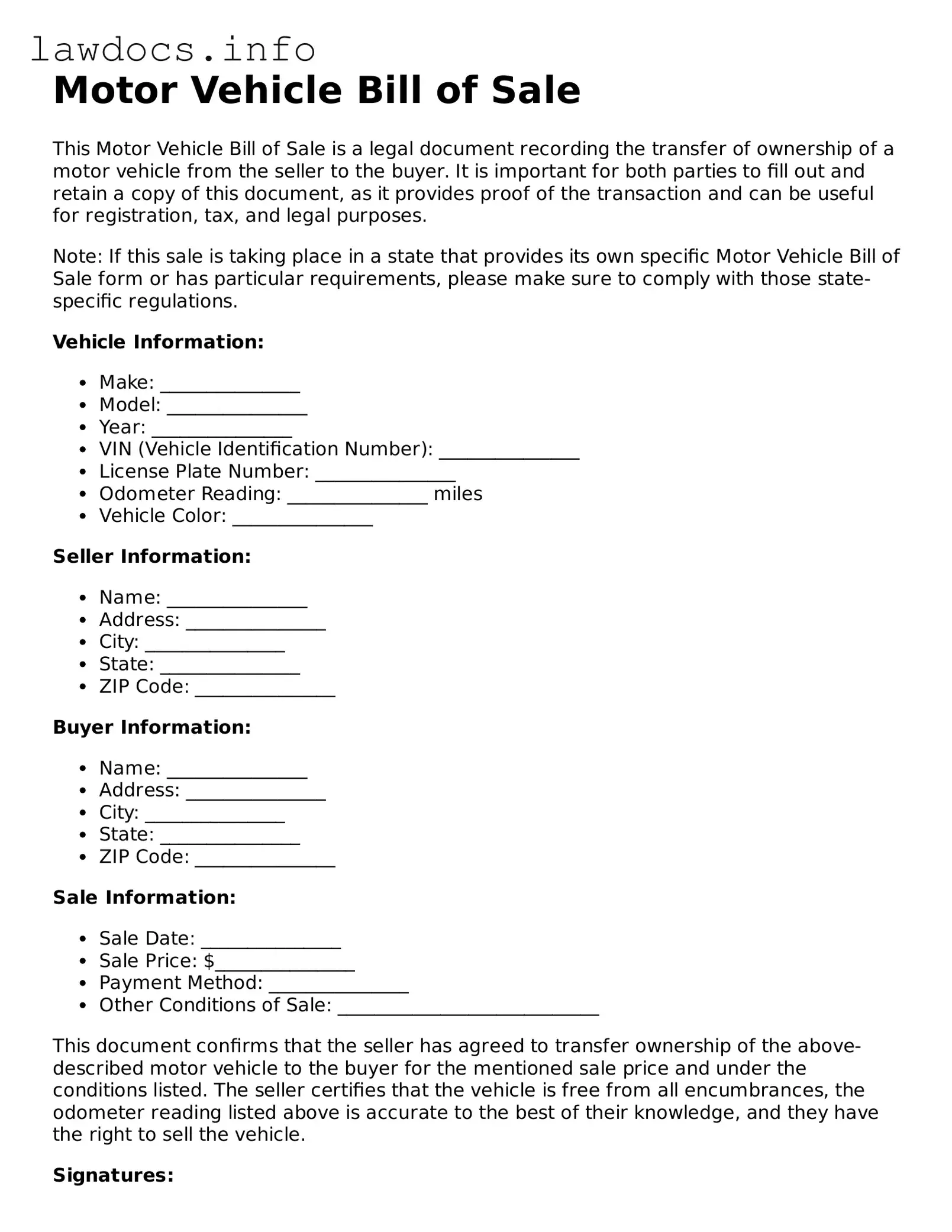 Valid Motor Vehicle Bill of Sale Form