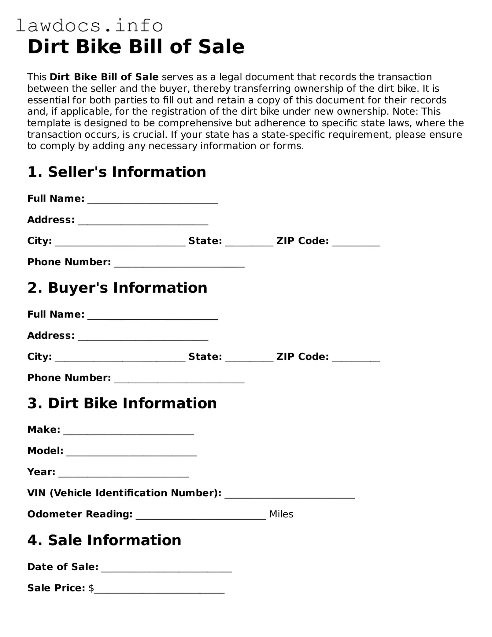 Valid Dirt Bike Bill of Sale Form