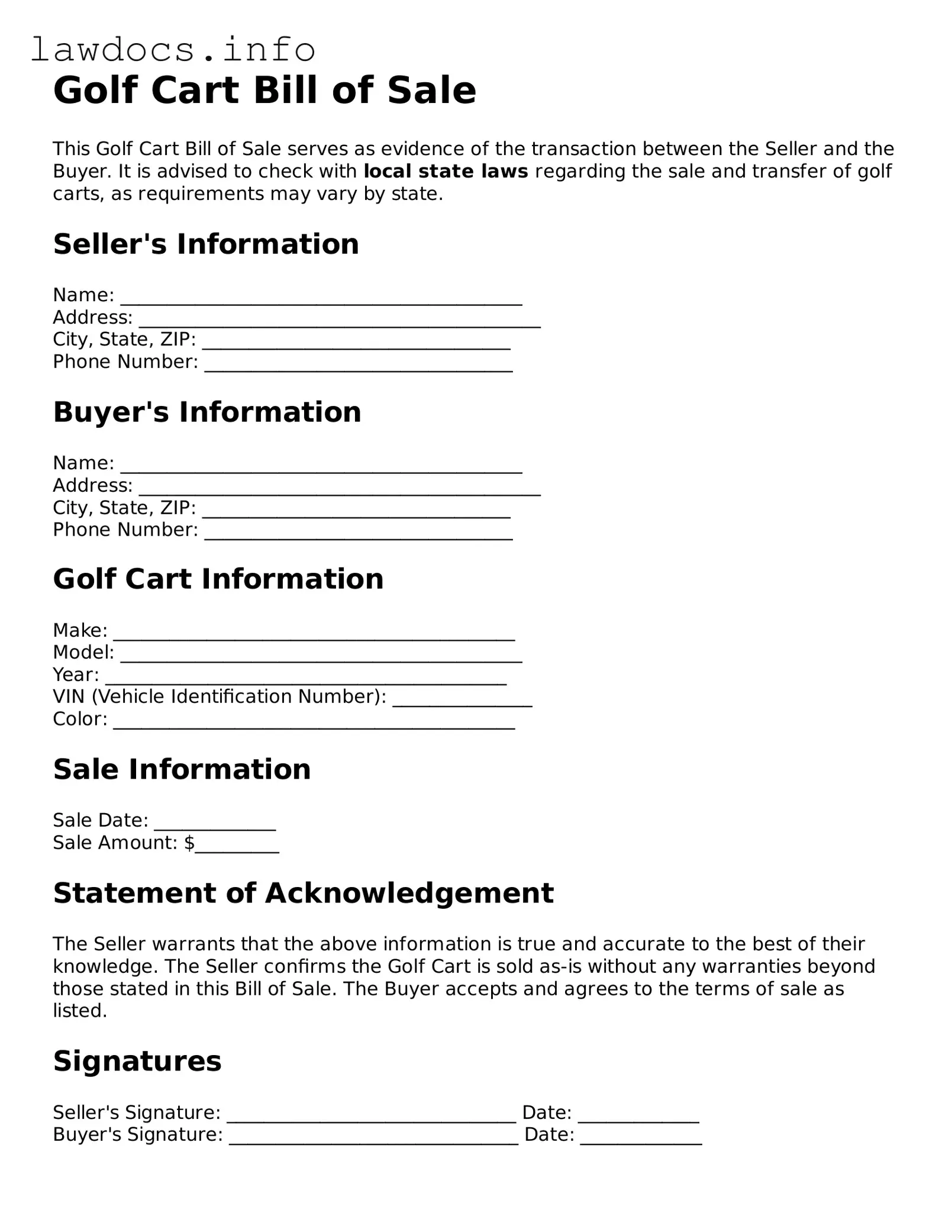 Valid Golf Cart Bill of Sale Form