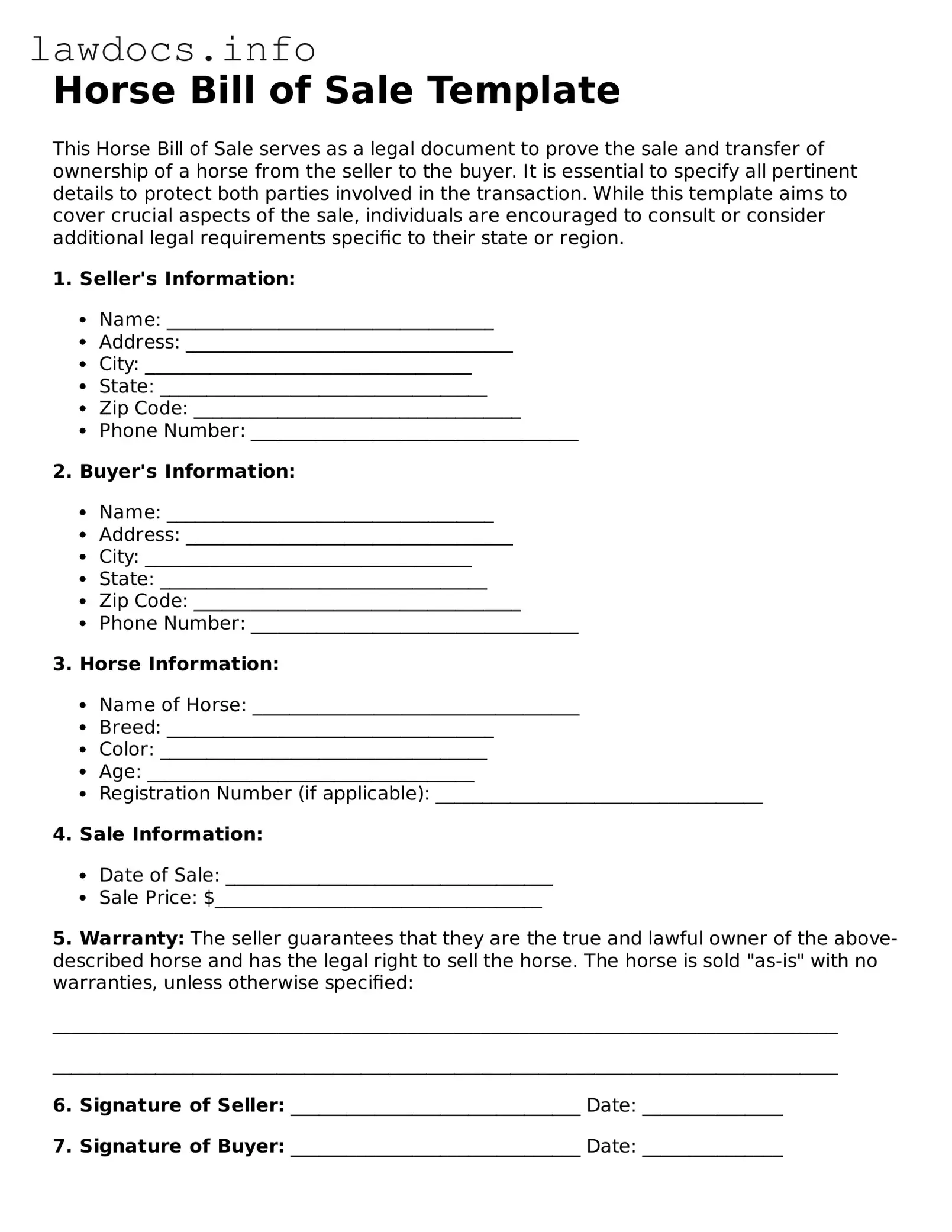 Valid Horse Bill of Sale Form