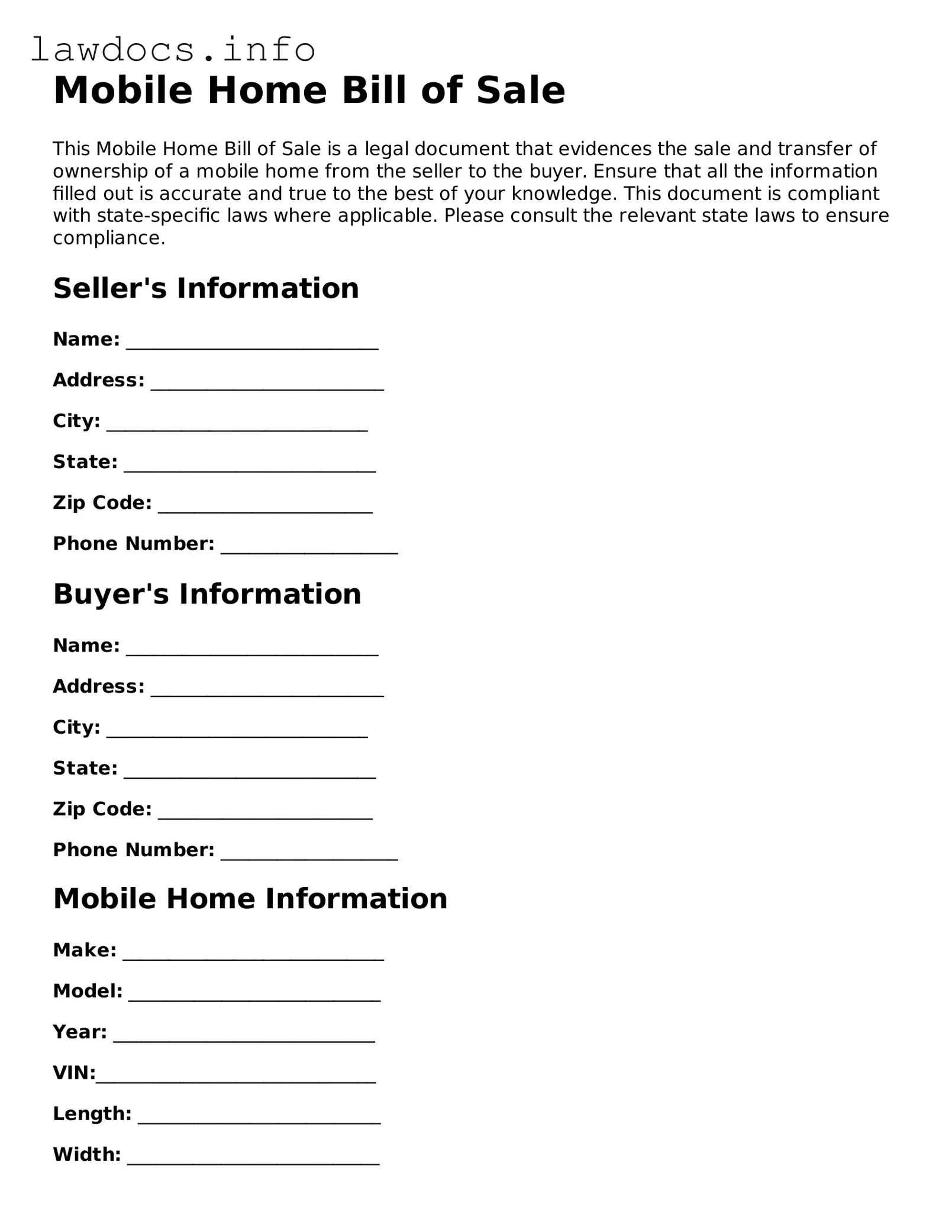 Valid Mobile Home Bill of Sale Form