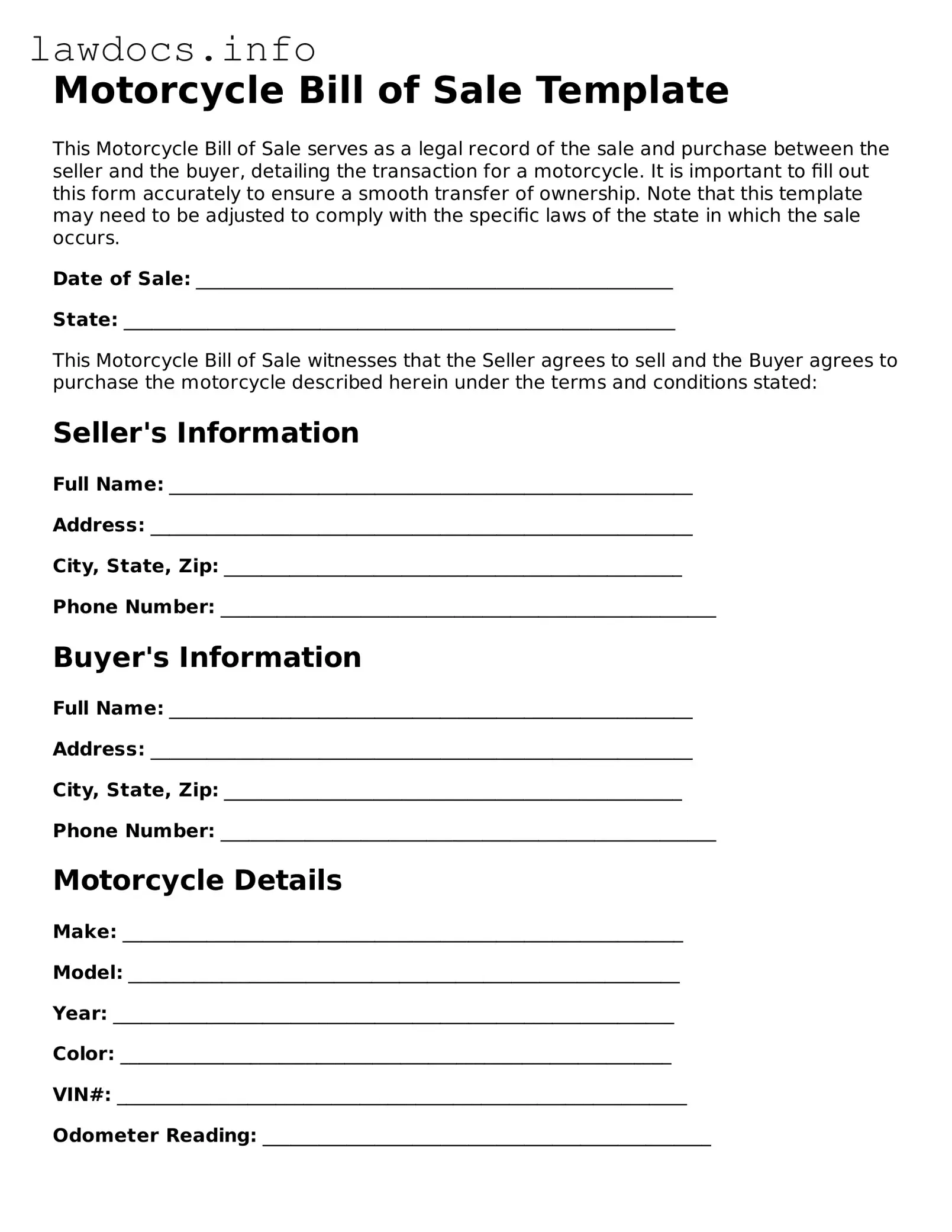 Valid Motorcycle Bill of Sale Form