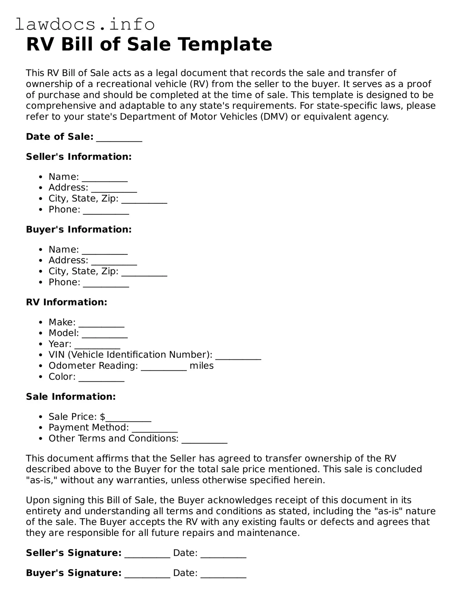 Valid RV Bill of Sale Form