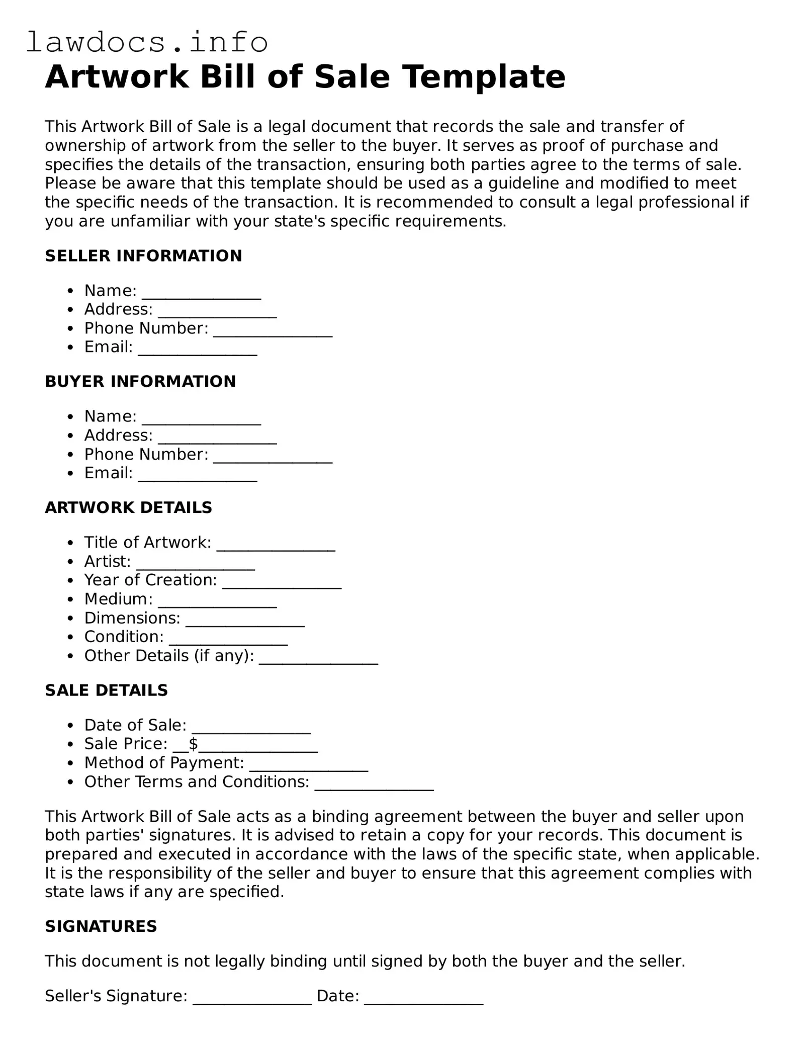 Valid Artwork Bill of Sale Form