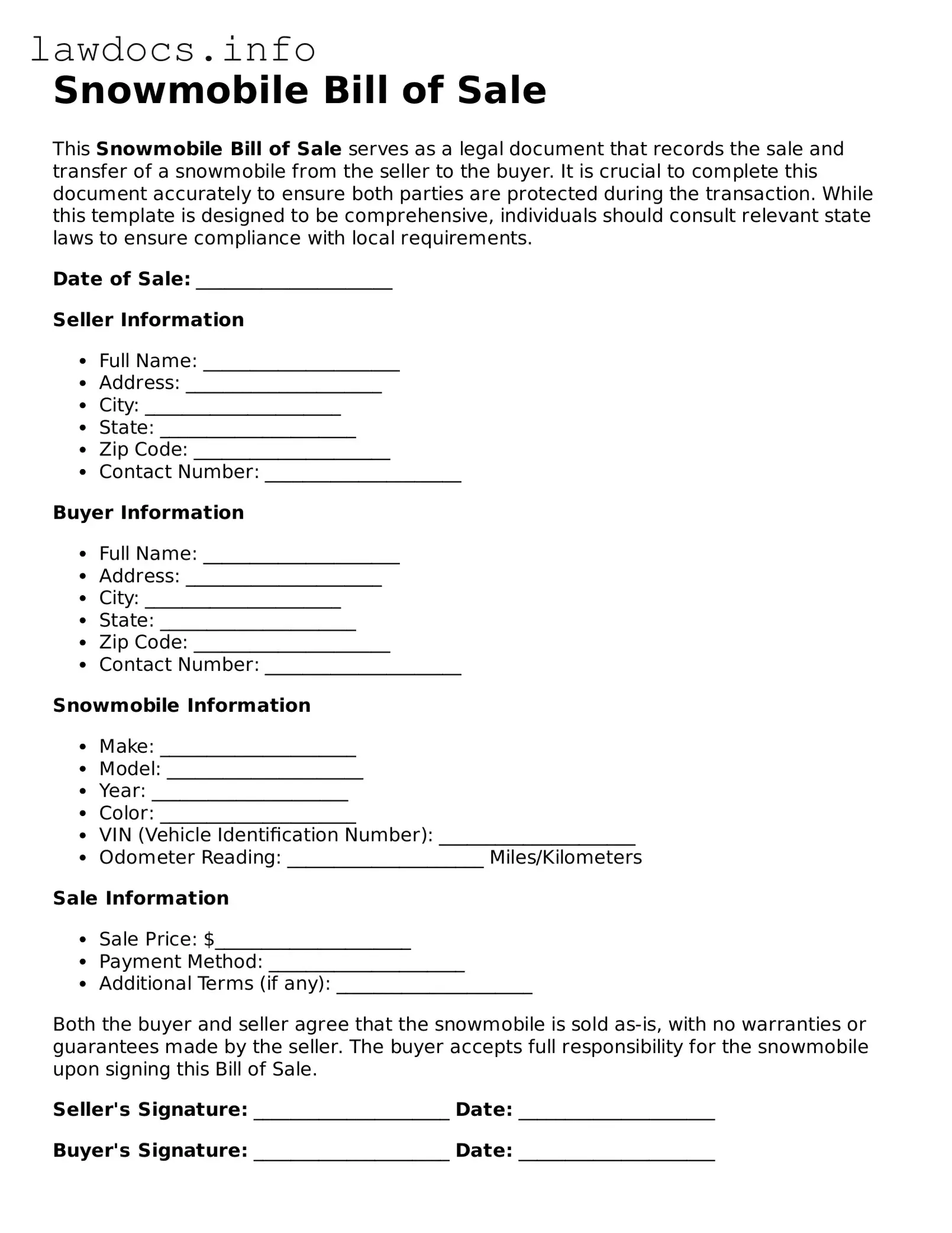 Valid Snowmobile Bill of Sale Form