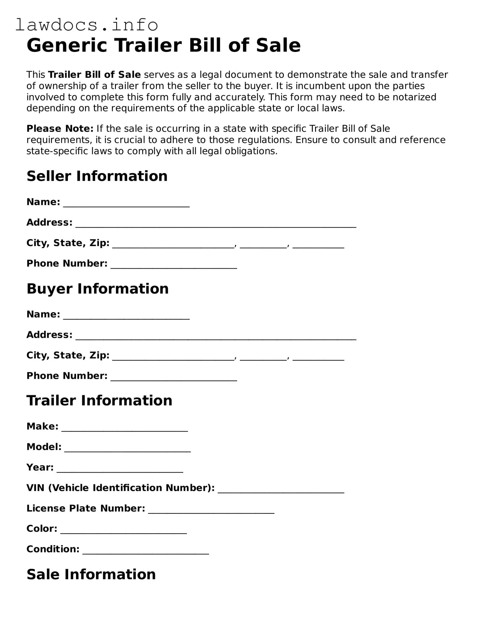 Valid Trailer Bill of Sale Form