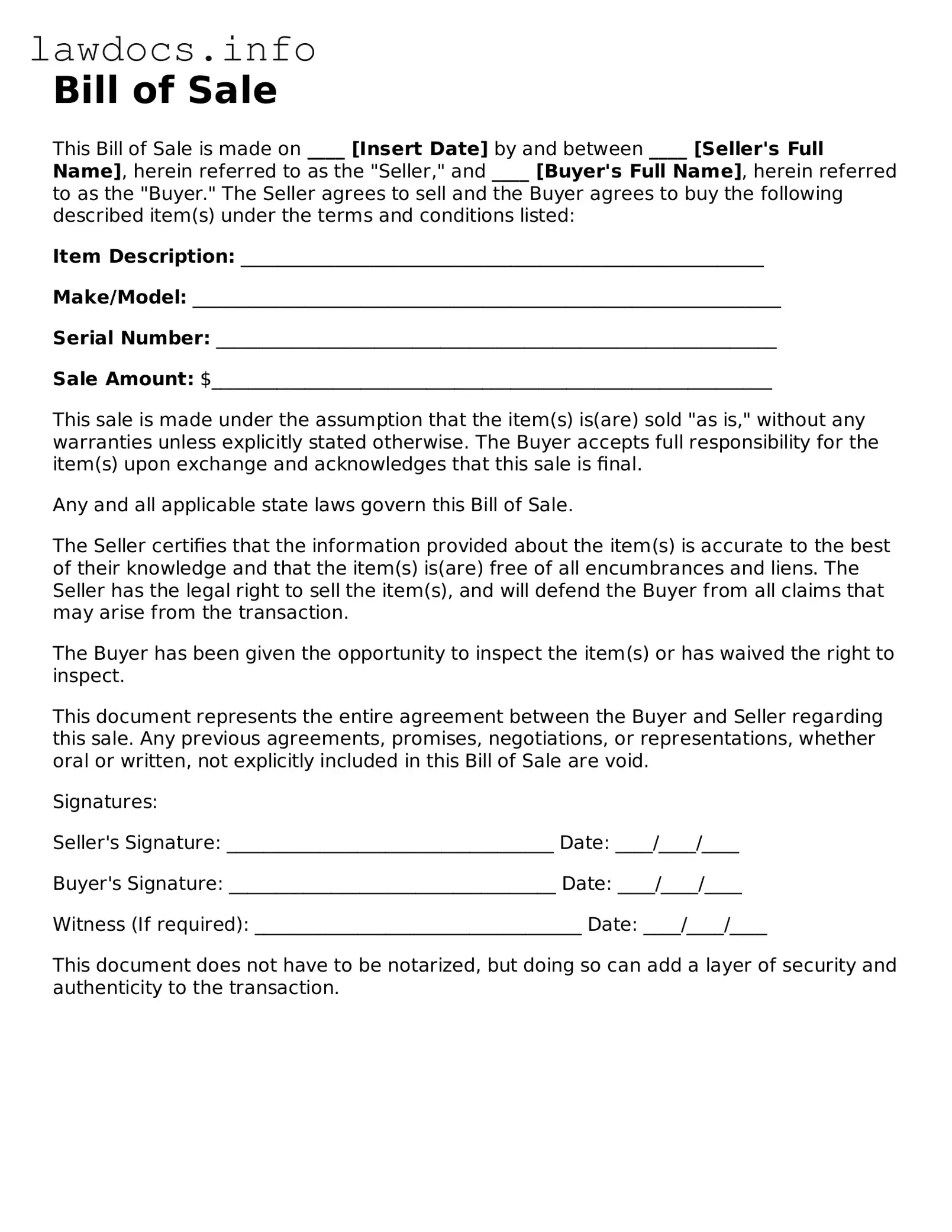 Valid Bill of Sale Form