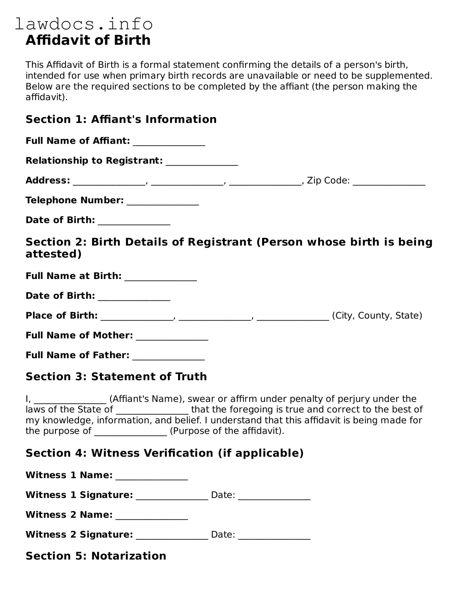 Valid Affidavit of Birth Form
