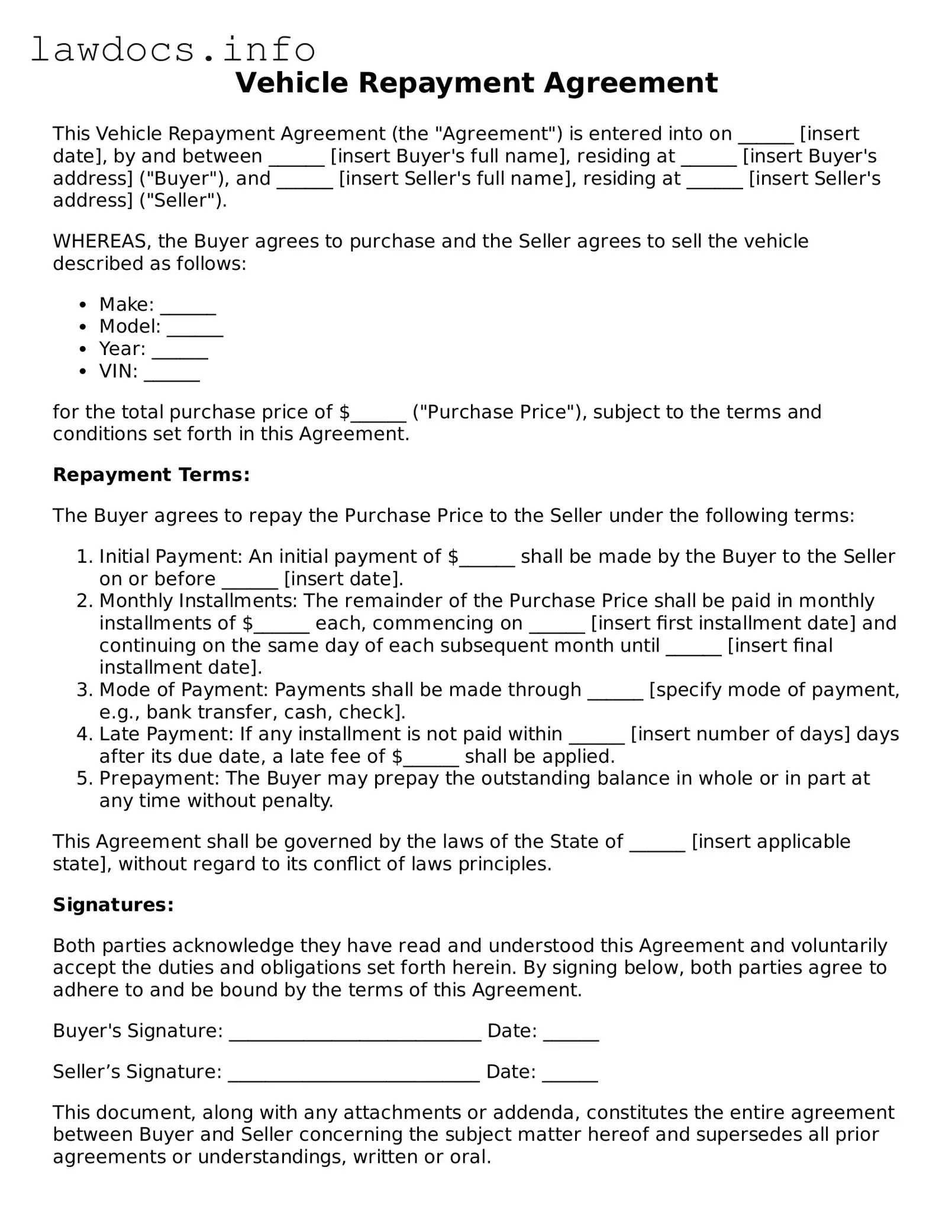 Valid Vehicle Repayment Agreement Form