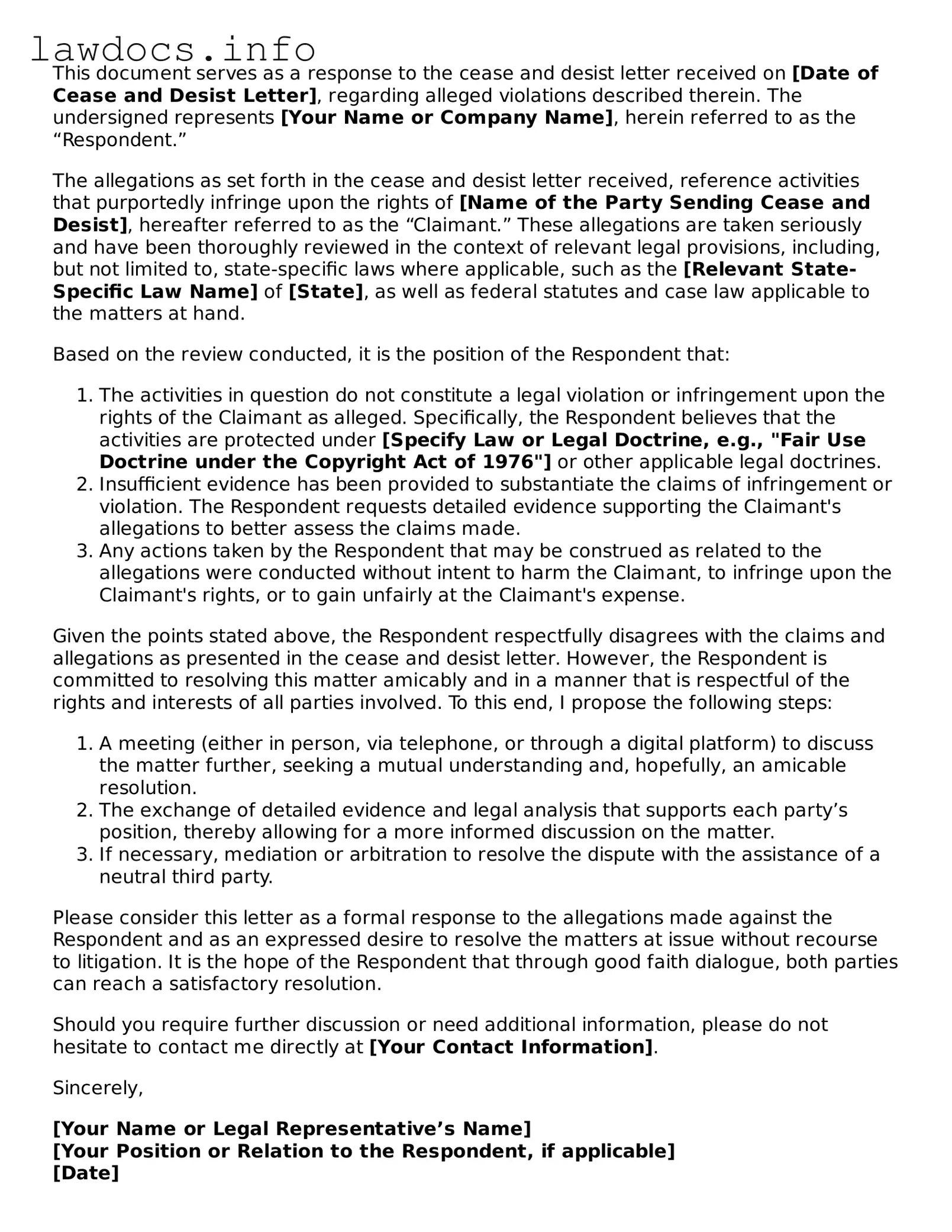 Valid Response to a Cease and Desist Letter Form