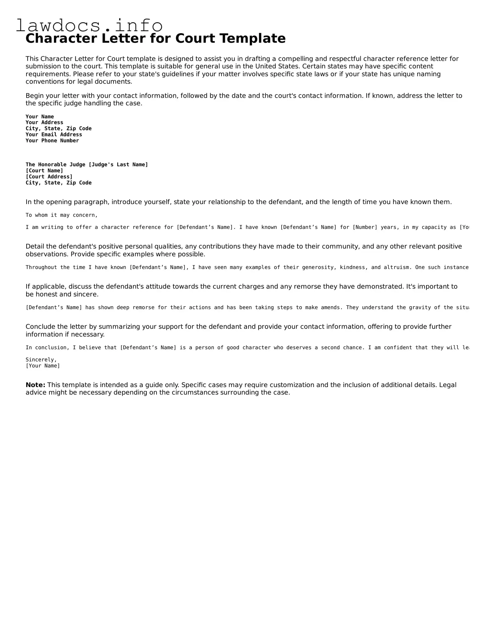 Valid Character Letter for Court Form
