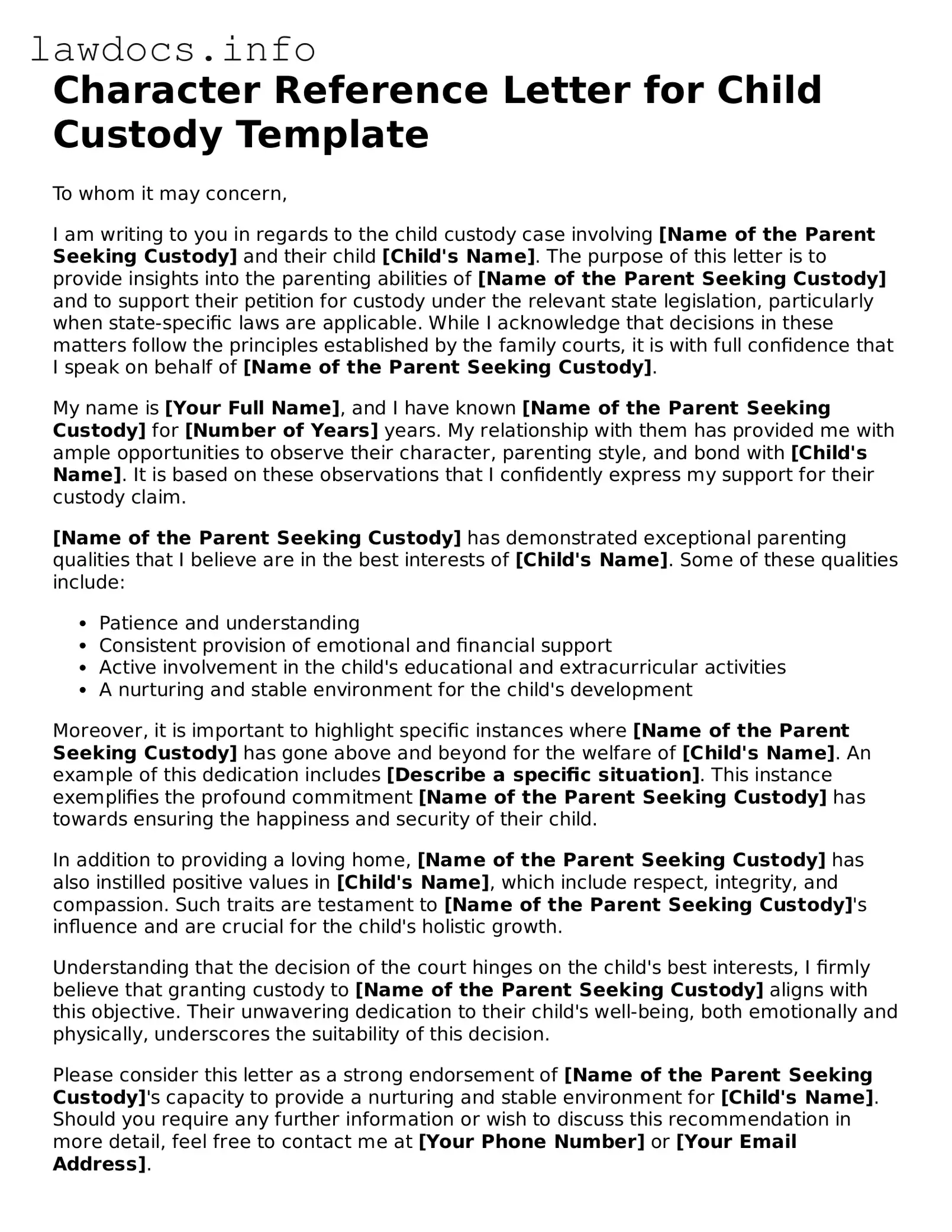 Valid Character Reference Letter for Child Custody Form