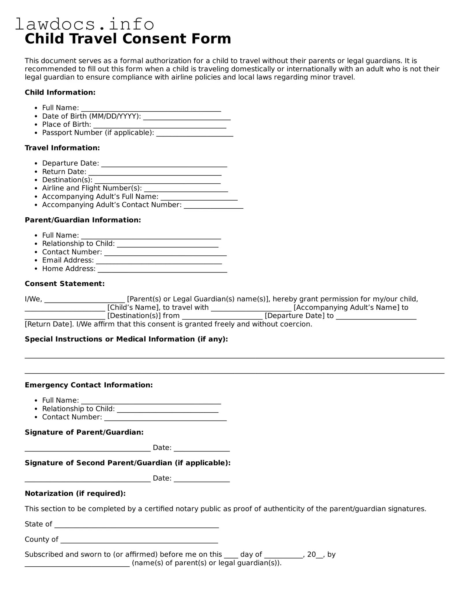 Valid Child Travel Consent Form Form