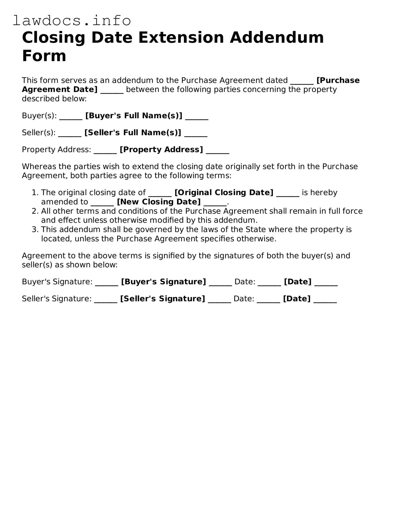 Valid Closing Date Extension Addendum Form Form