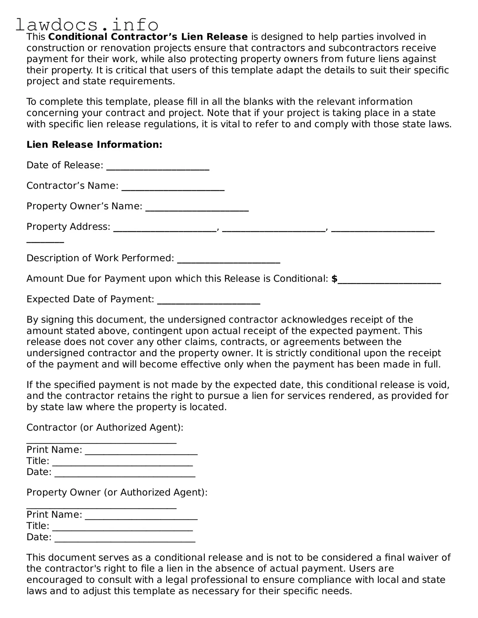 Valid Conditional Contractor’s Lien Release Form
