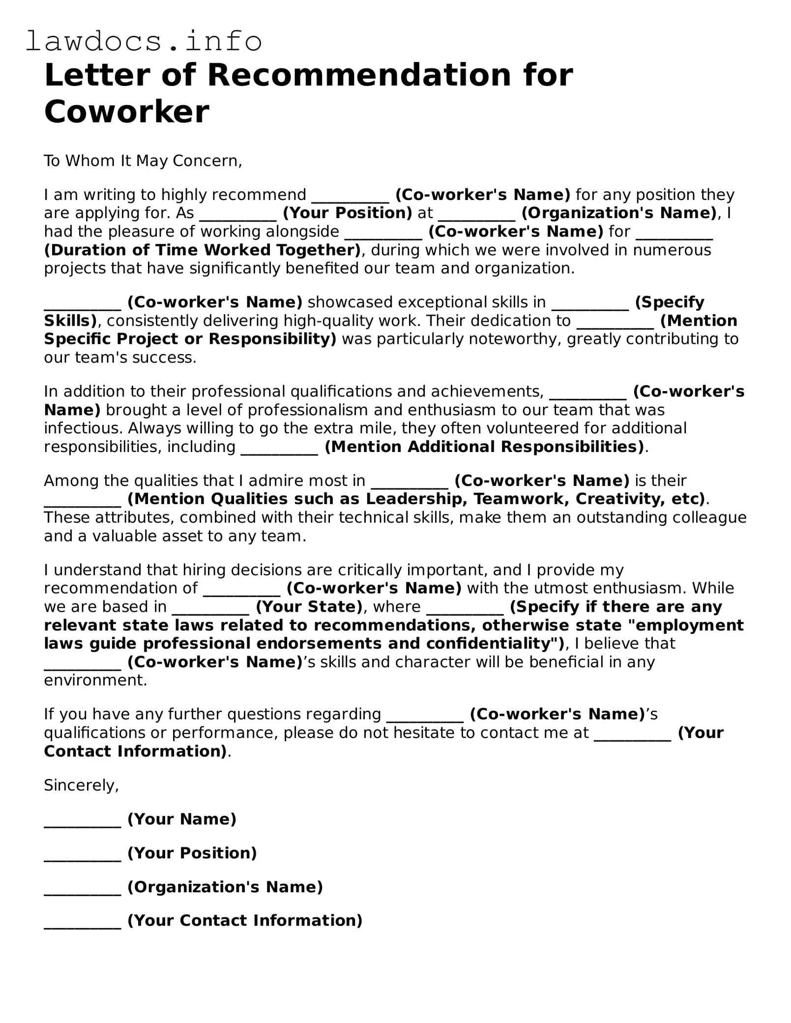 Valid Letter of Recommendation for Coworker Form