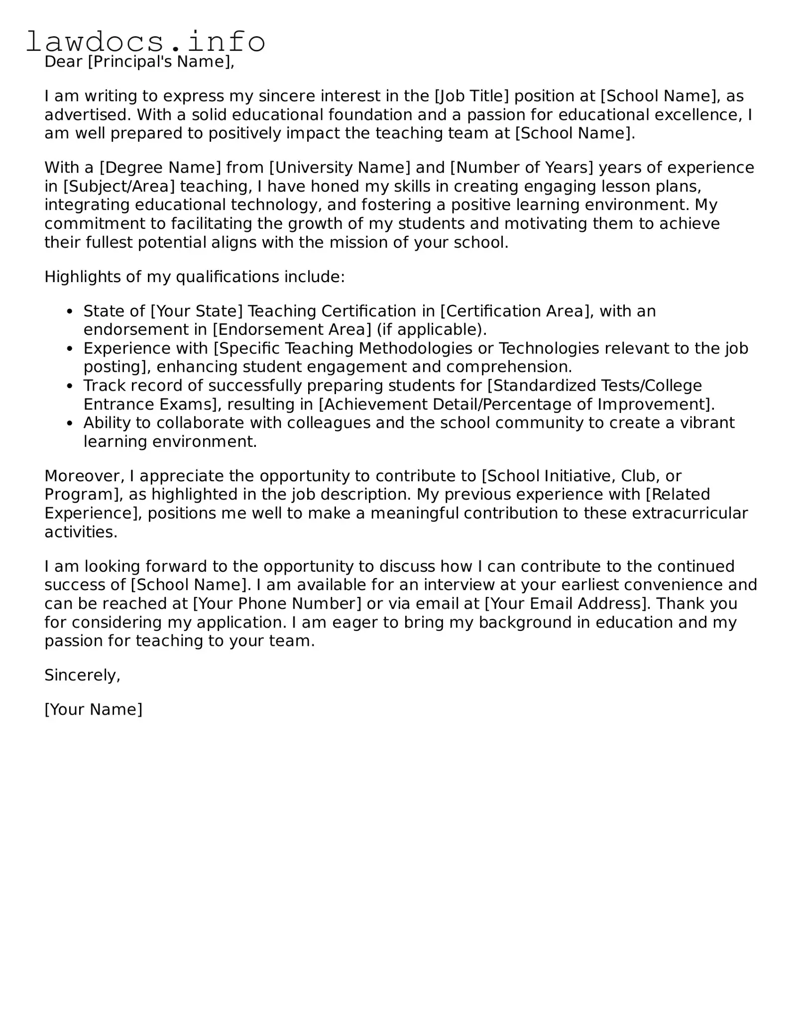 Valid Letter of Intent for a Teaching Job Form