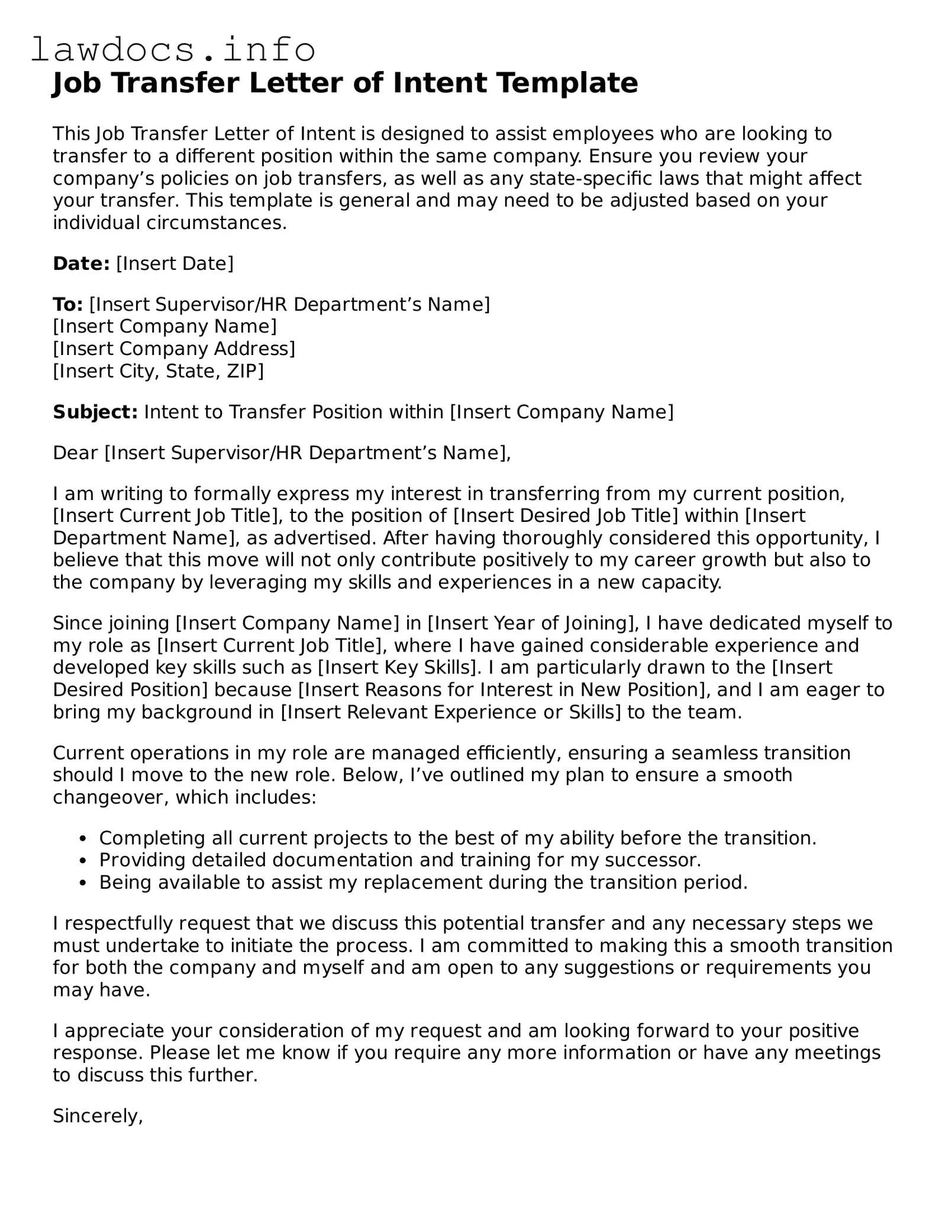 Valid Job Transfer Letter of Intent Form