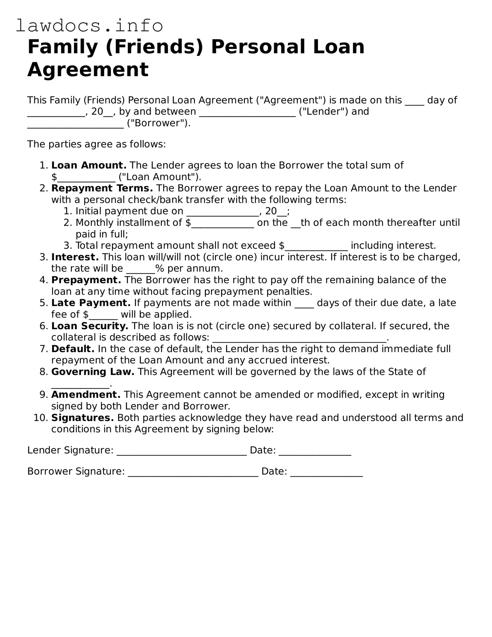 Valid Family (Friends) Personal Loan Agreement Form