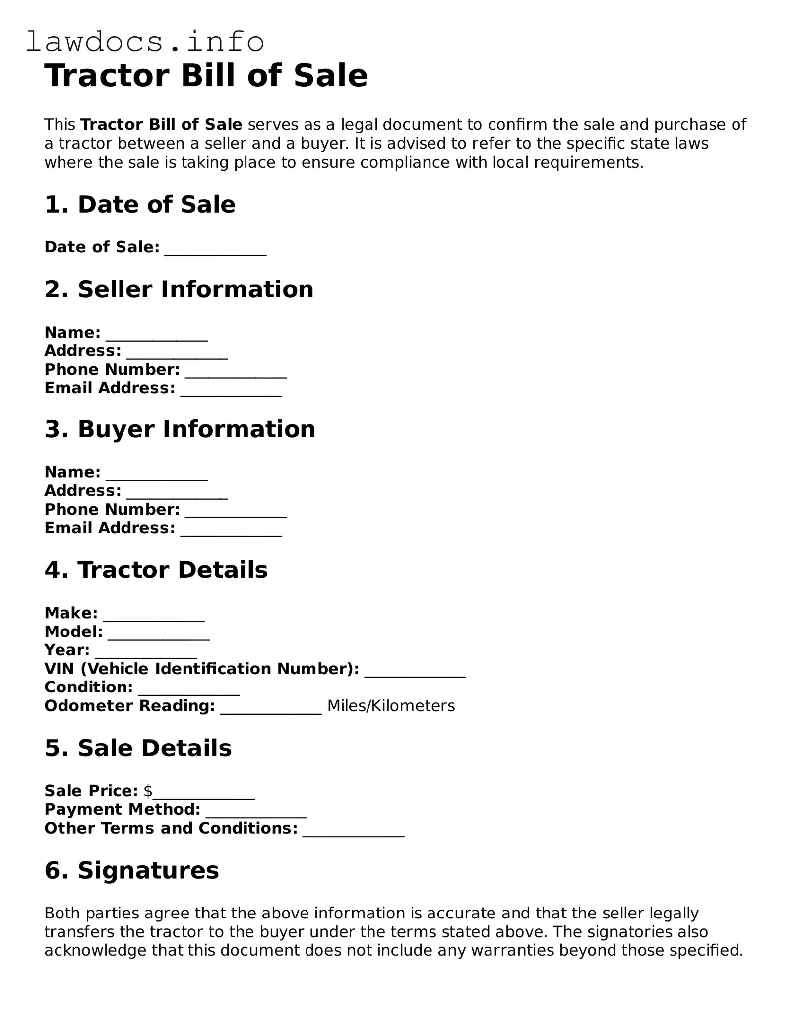Valid Tractor Bill of Sale Form