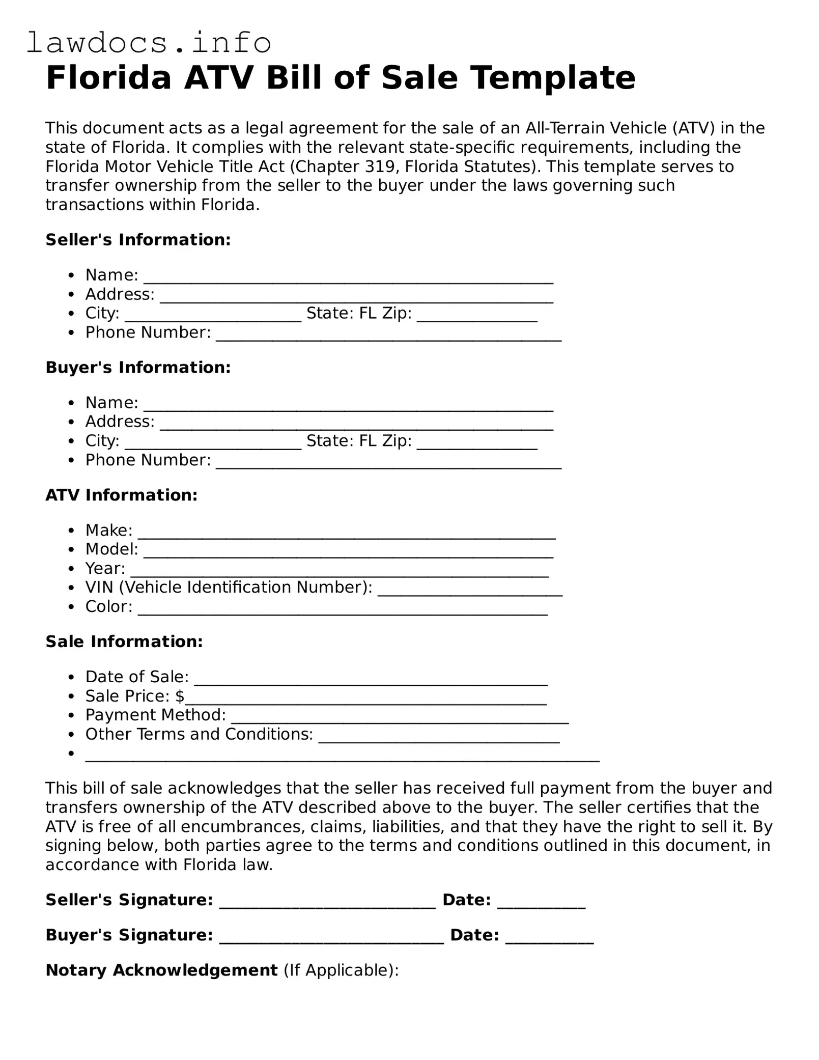 Blank ATV Bill of Sale Template for the State of Florida