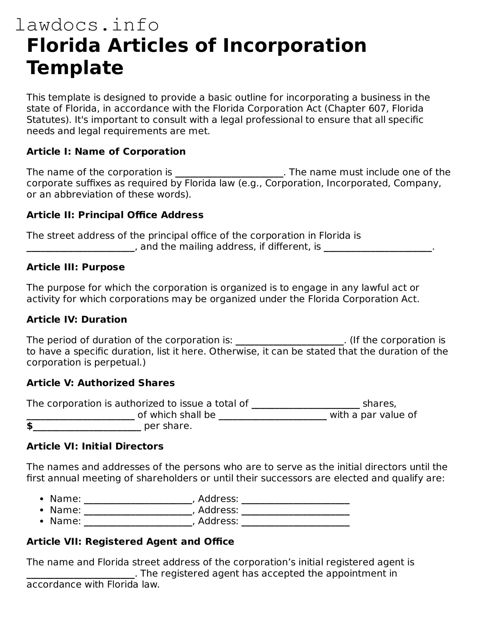 Blank Articles of Incorporation Template for the State of Florida