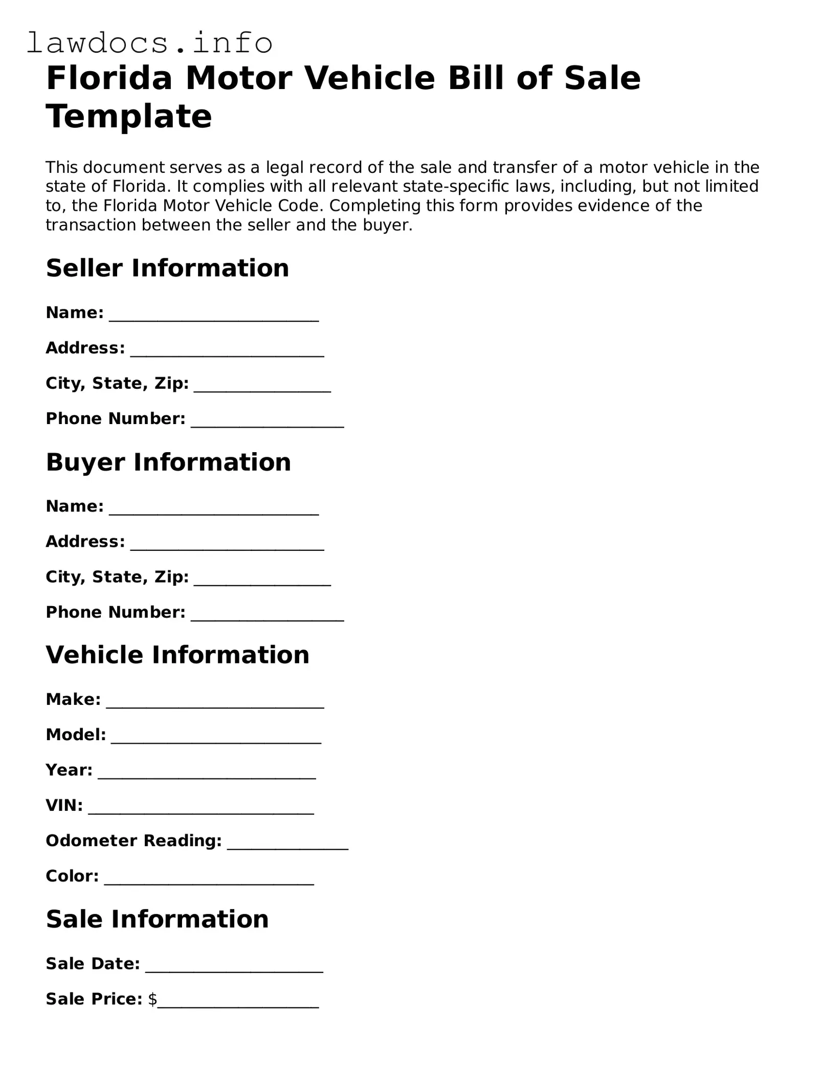Blank Motor Vehicle Bill of Sale Template for the State of Florida