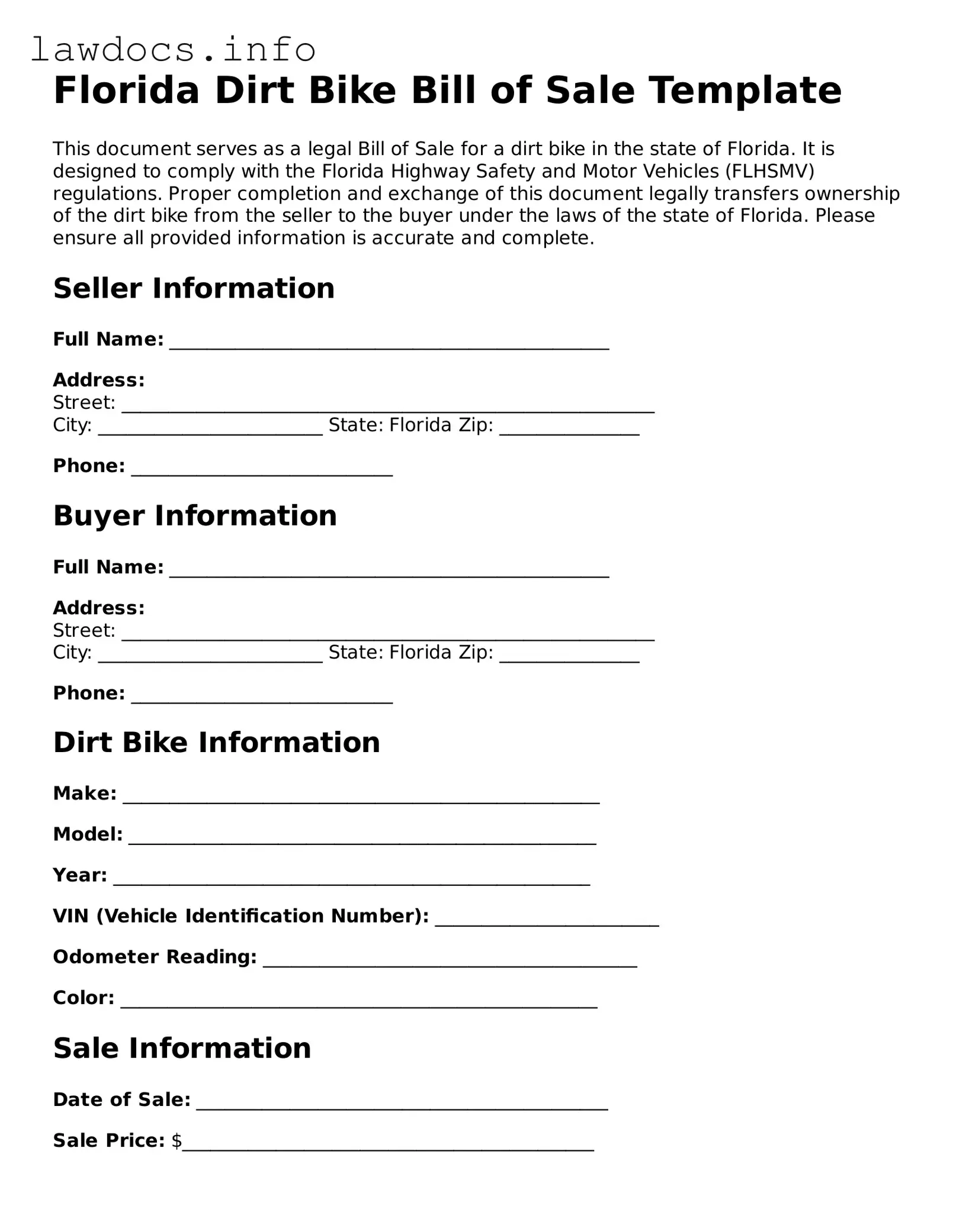 Blank Dirt Bike Bill of Sale Template for the State of Florida