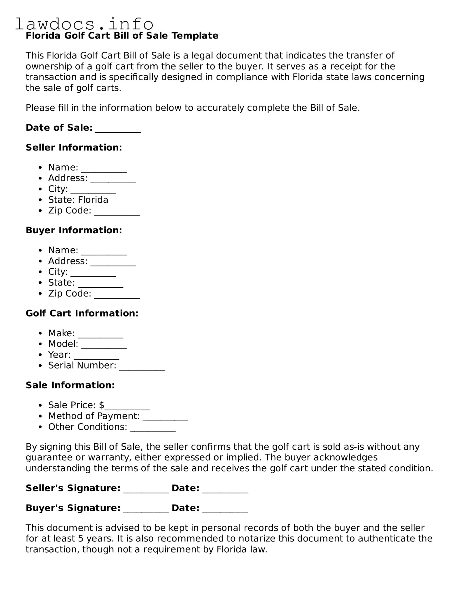 Blank Golf Cart Bill of Sale Template for the State of Florida