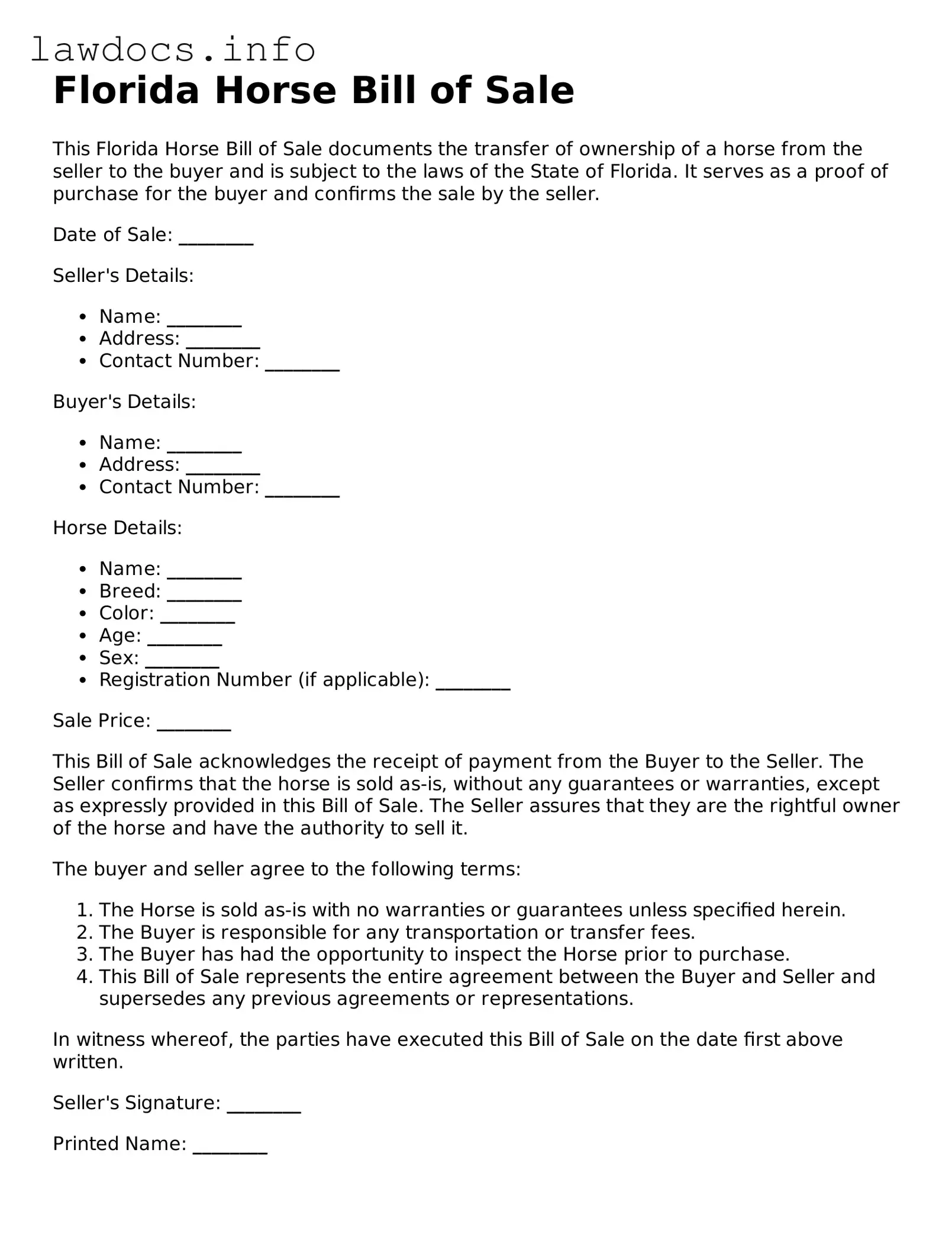 Blank Horse Bill of Sale Template for the State of Florida