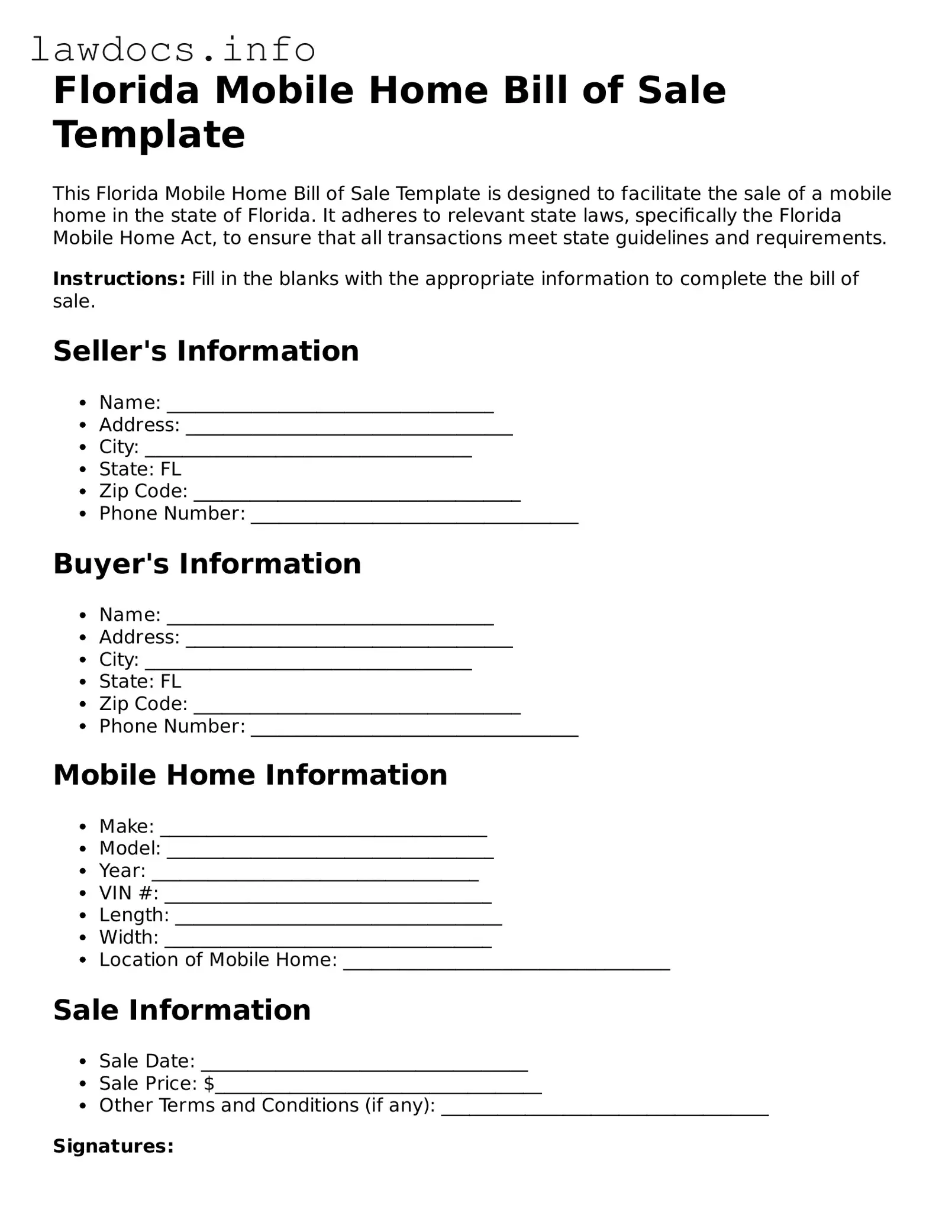 Blank Mobile Home Bill of Sale Template for the State of Florida