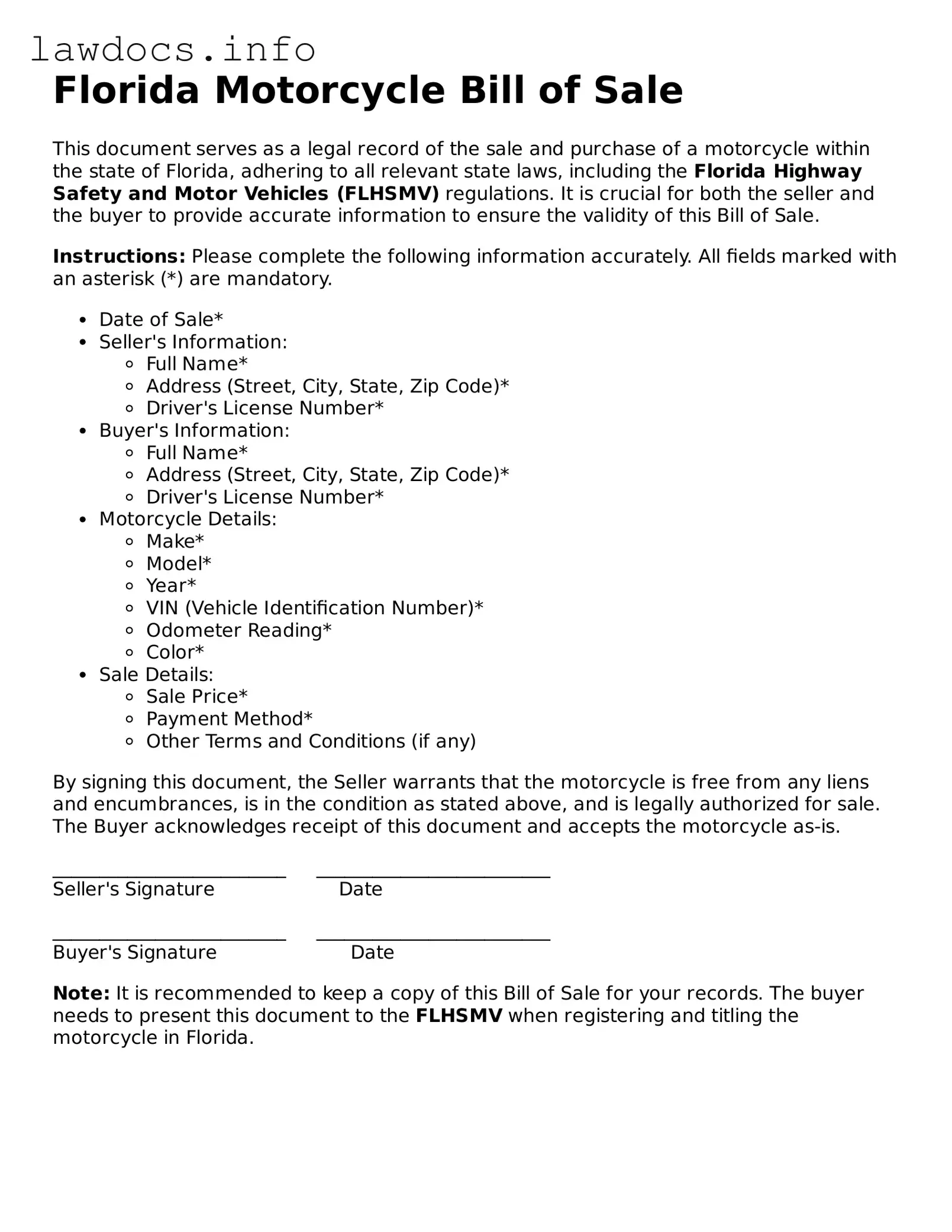 Blank Motorcycle Bill of Sale Template for the State of Florida