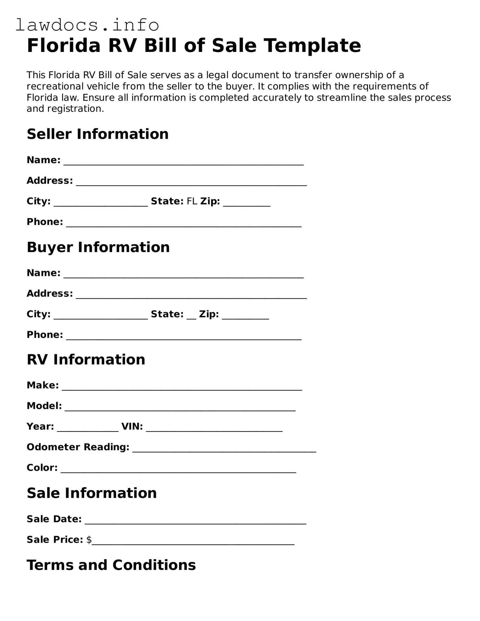 Blank RV Bill of Sale Template for the State of Florida