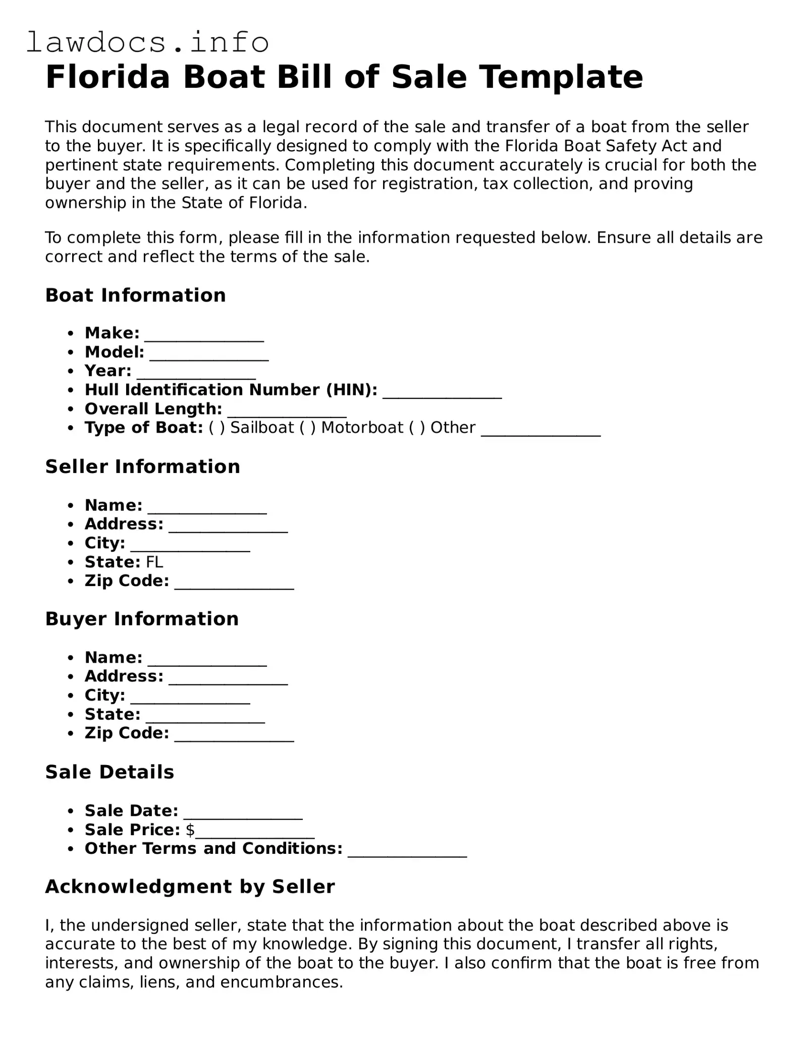 Blank Boat Bill of Sale Template for the State of Florida