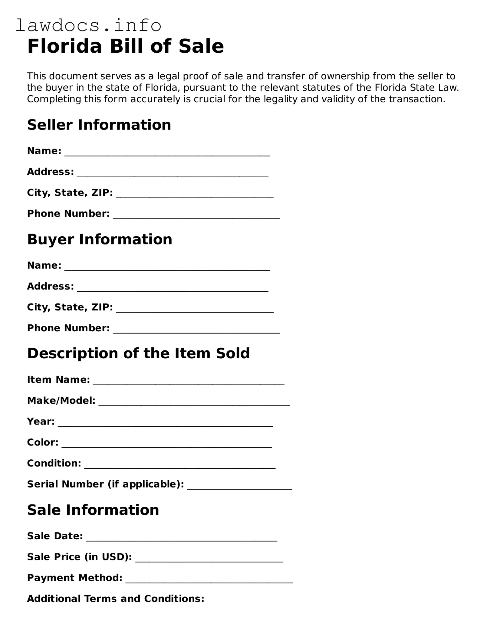 Blank Bill of Sale Template for the State of Florida