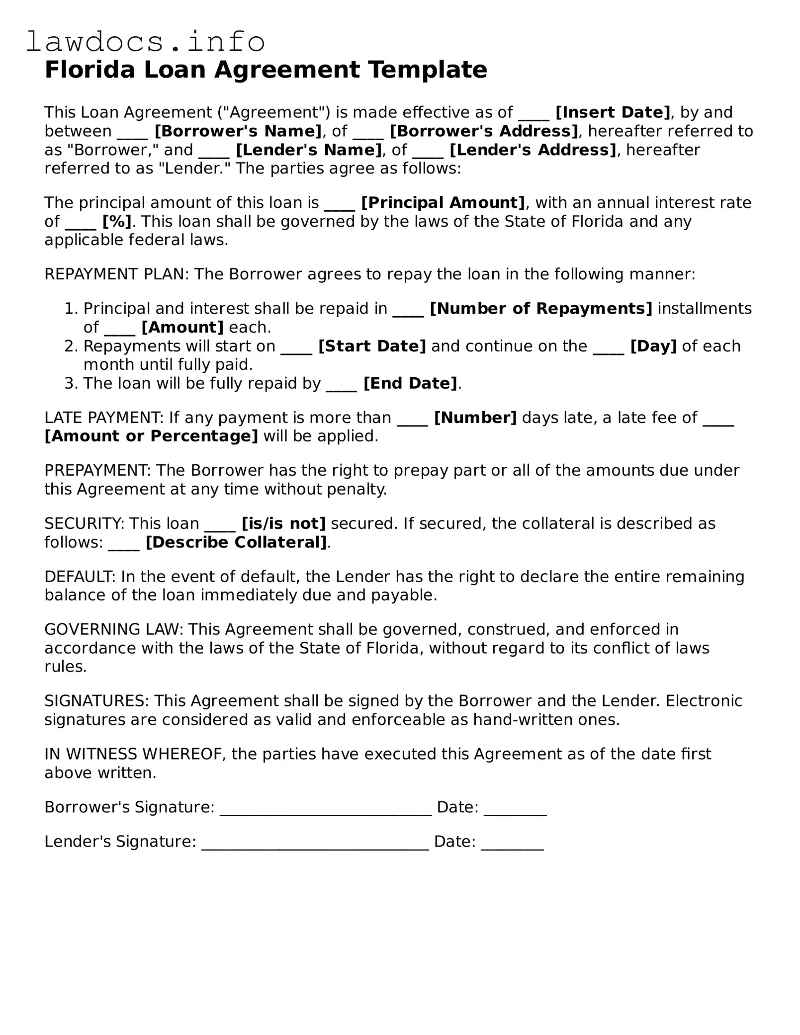 Blank Loan Agreement Template for the State of Florida