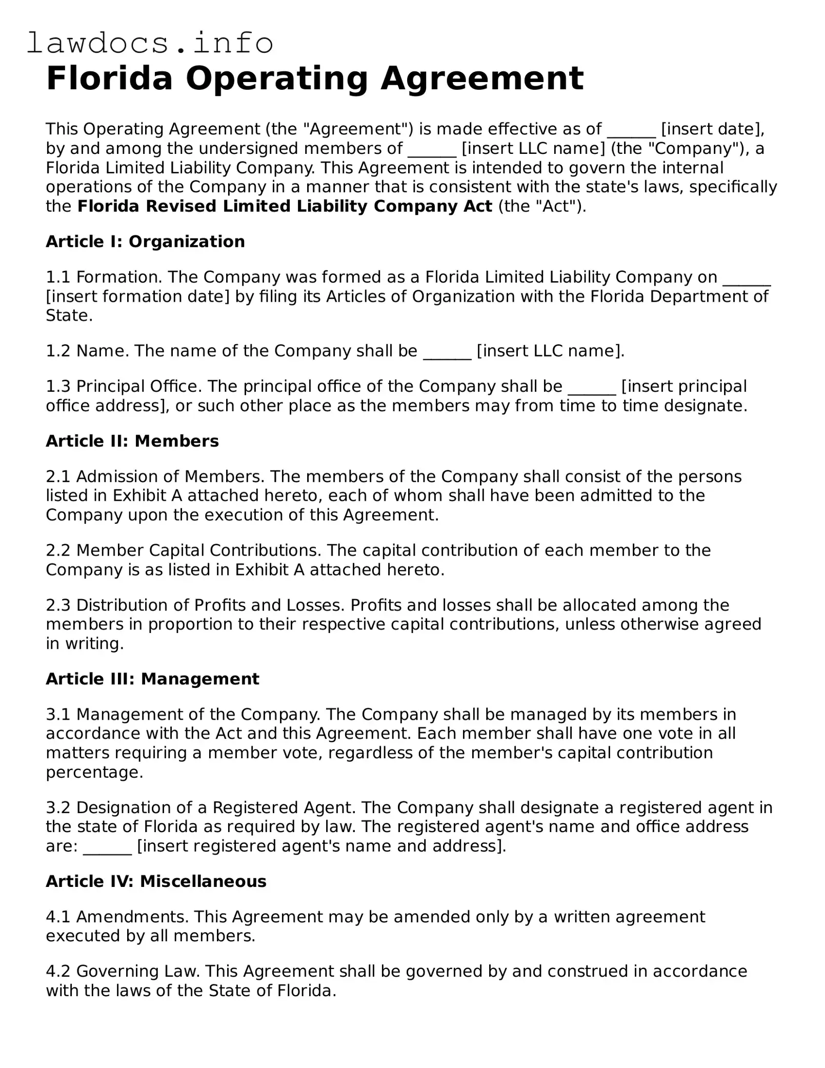 Blank Operating Agreement Template for the State of Florida