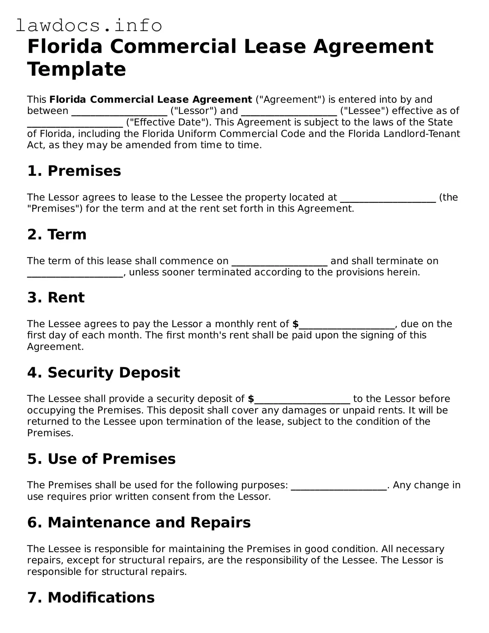 Blank Commercial Lease Agreement Template for the State of Florida