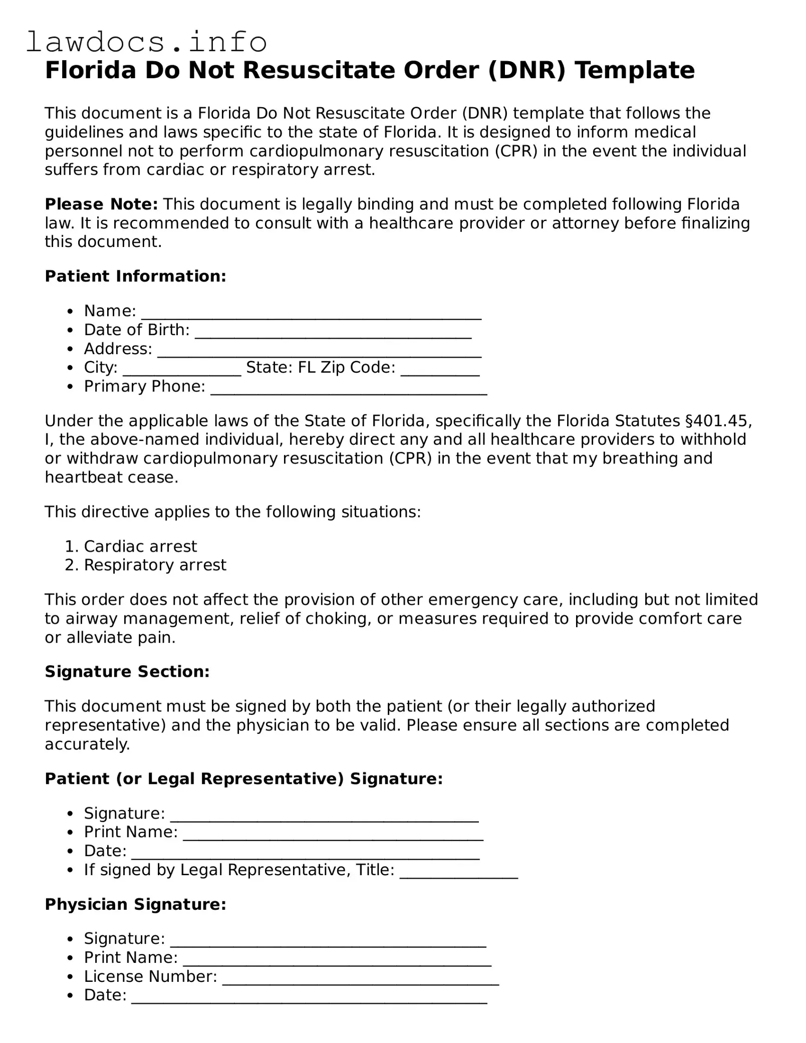 Blank Do Not Resuscitate Order Template for the State of Florida