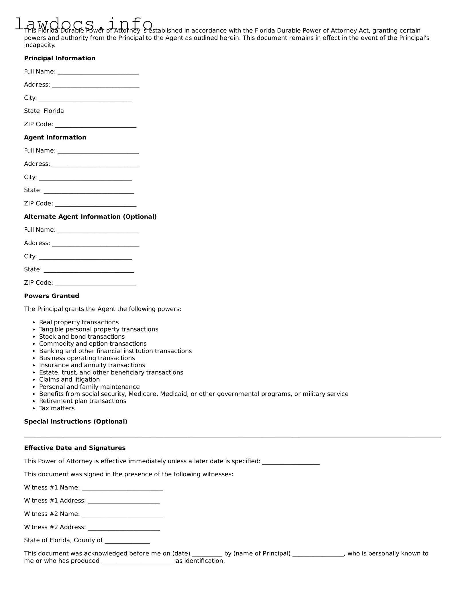Blank Durable Power of Attorney Template for the State of Florida
