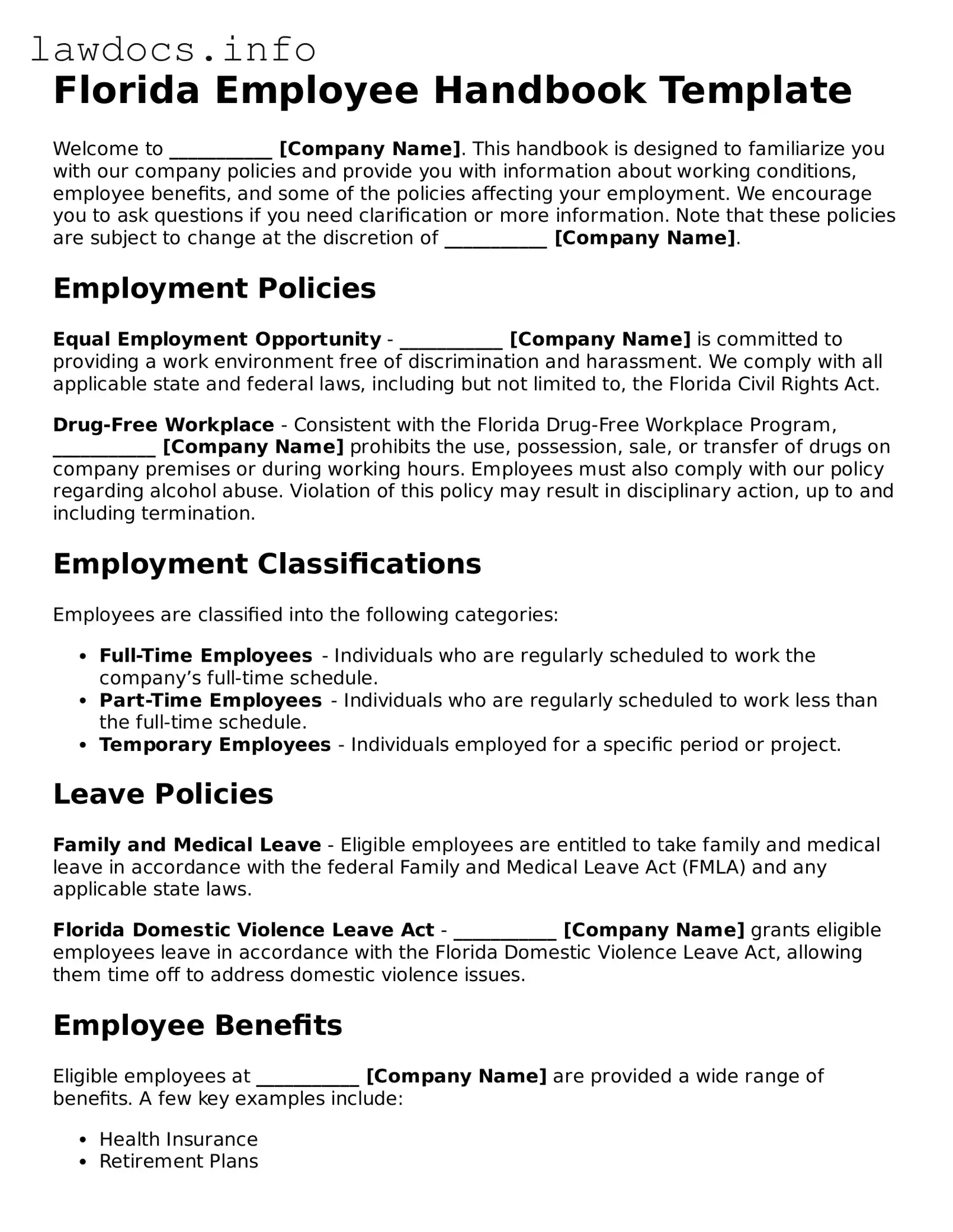 Blank Employee Handbook Template for the State of Florida