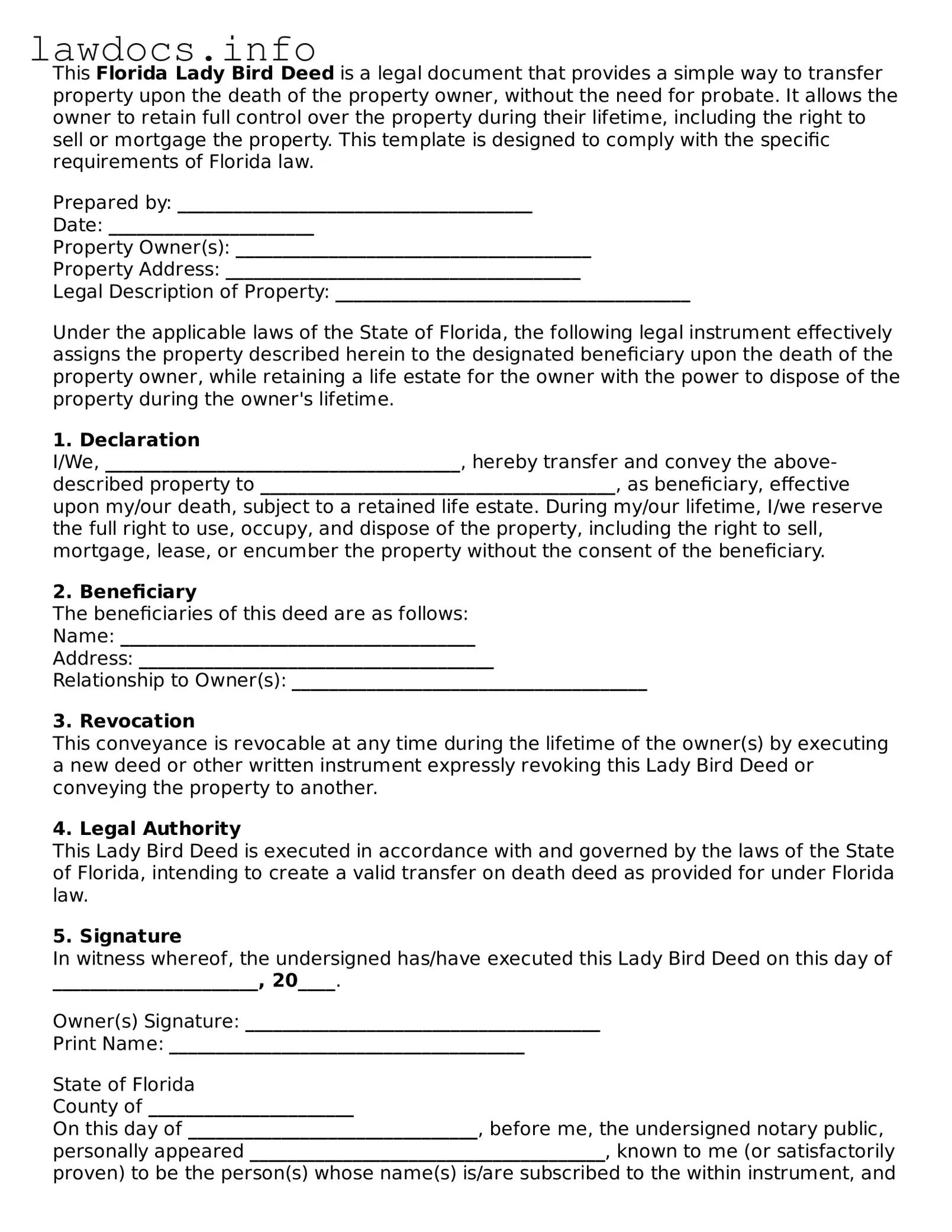 Blank Lady Bird Deed Template for the State of Florida