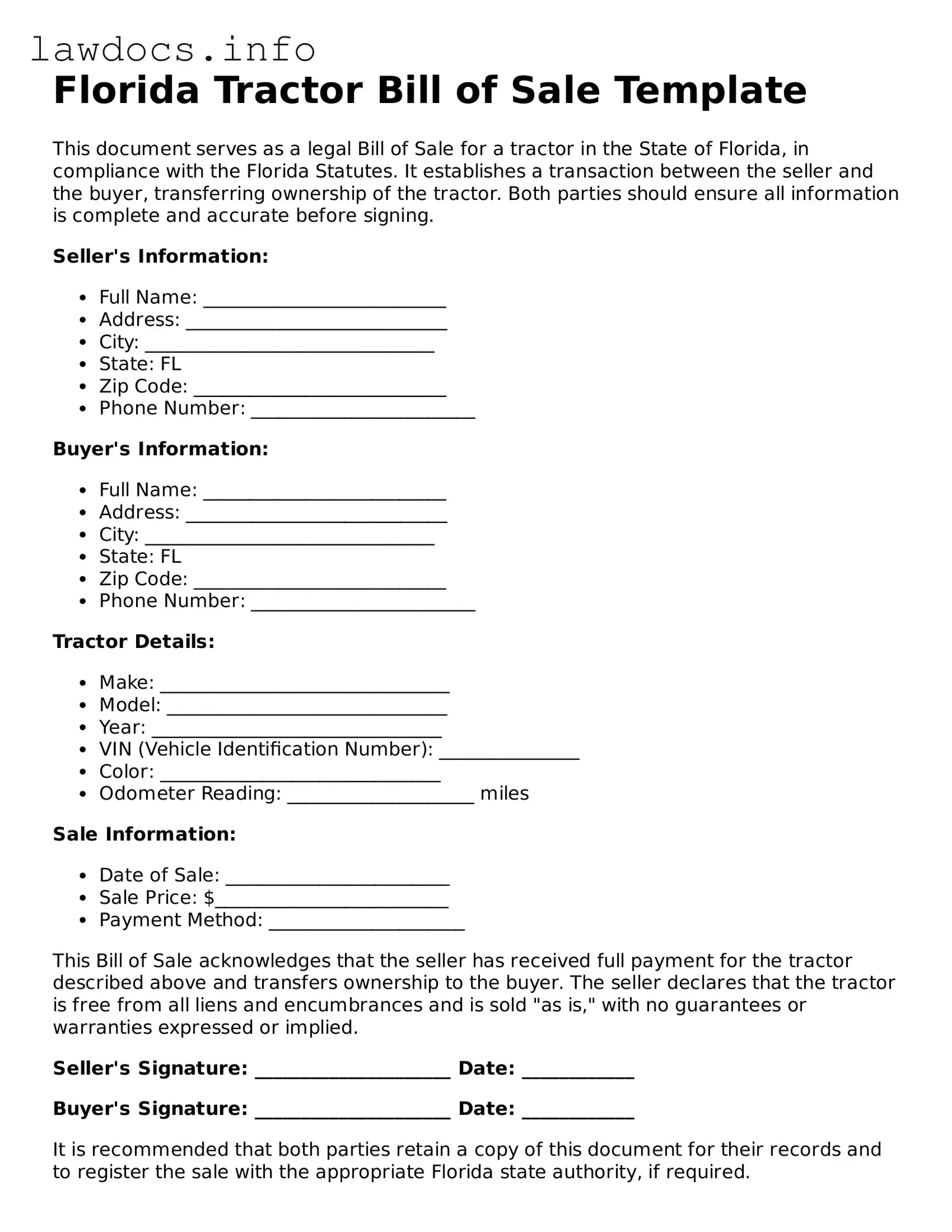 Blank Tractor Bill of Sale Template for the State of Florida