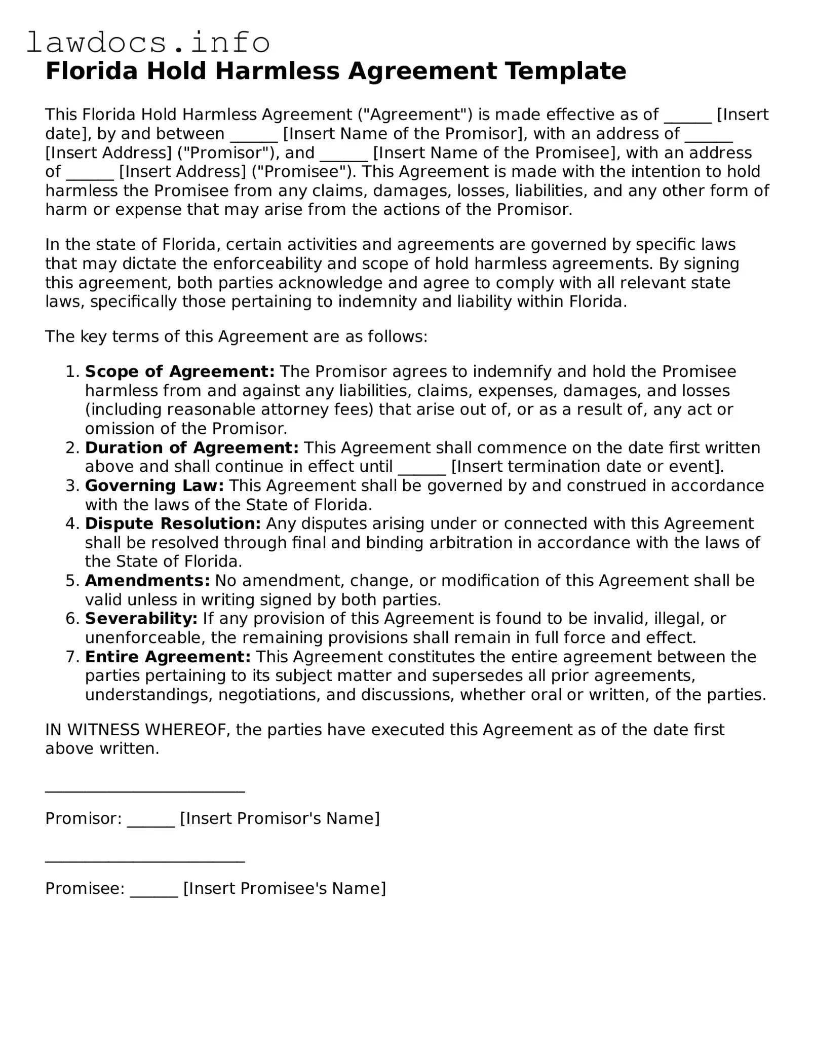 Blank Hold Harmless Agreement Template for the State of Florida