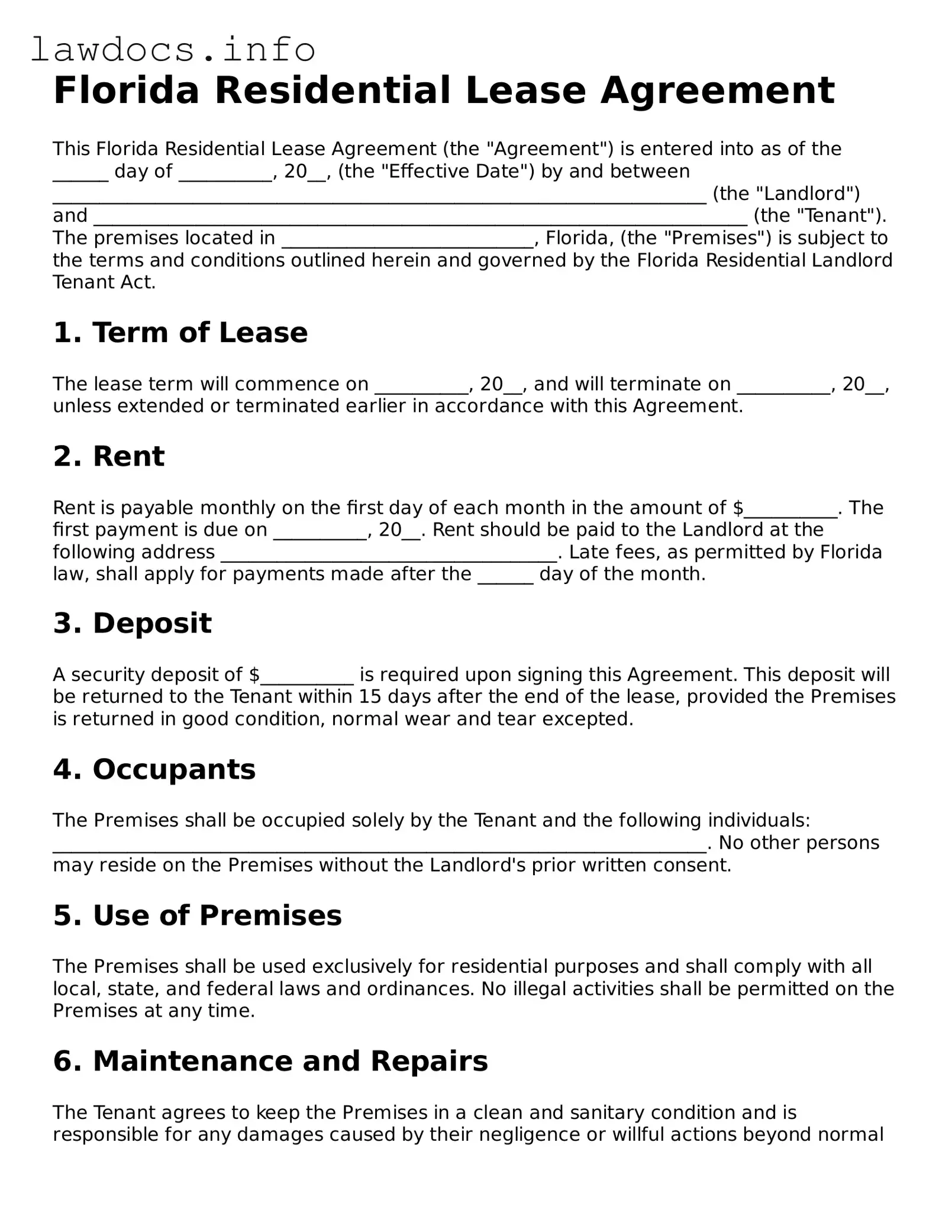 Blank Residential Lease Agreement Template for the State of Florida