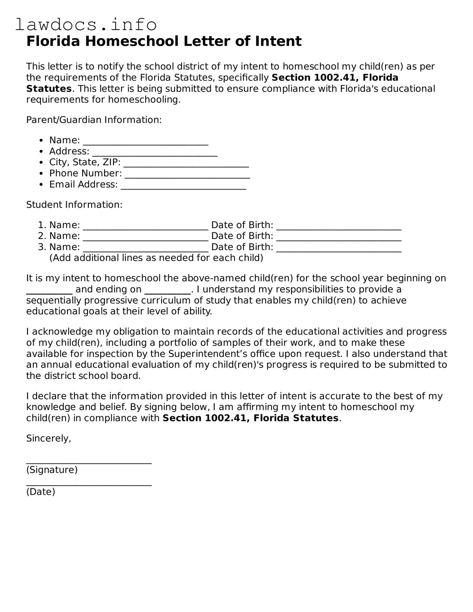 Blank Homeschool Letter of Intent Template for the State of Florida